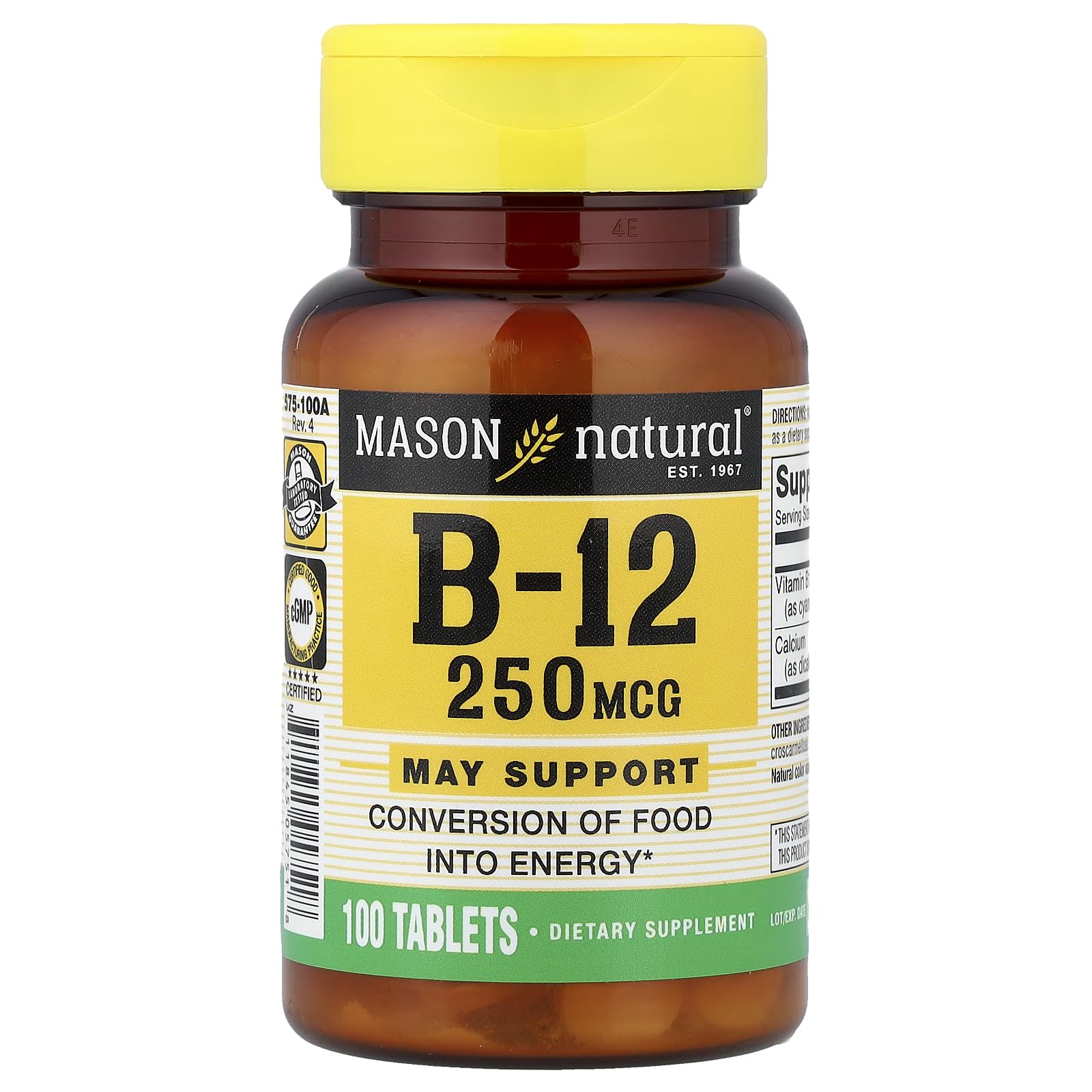 MASON NATURAL B12 250mcg Tablets front view with packaging