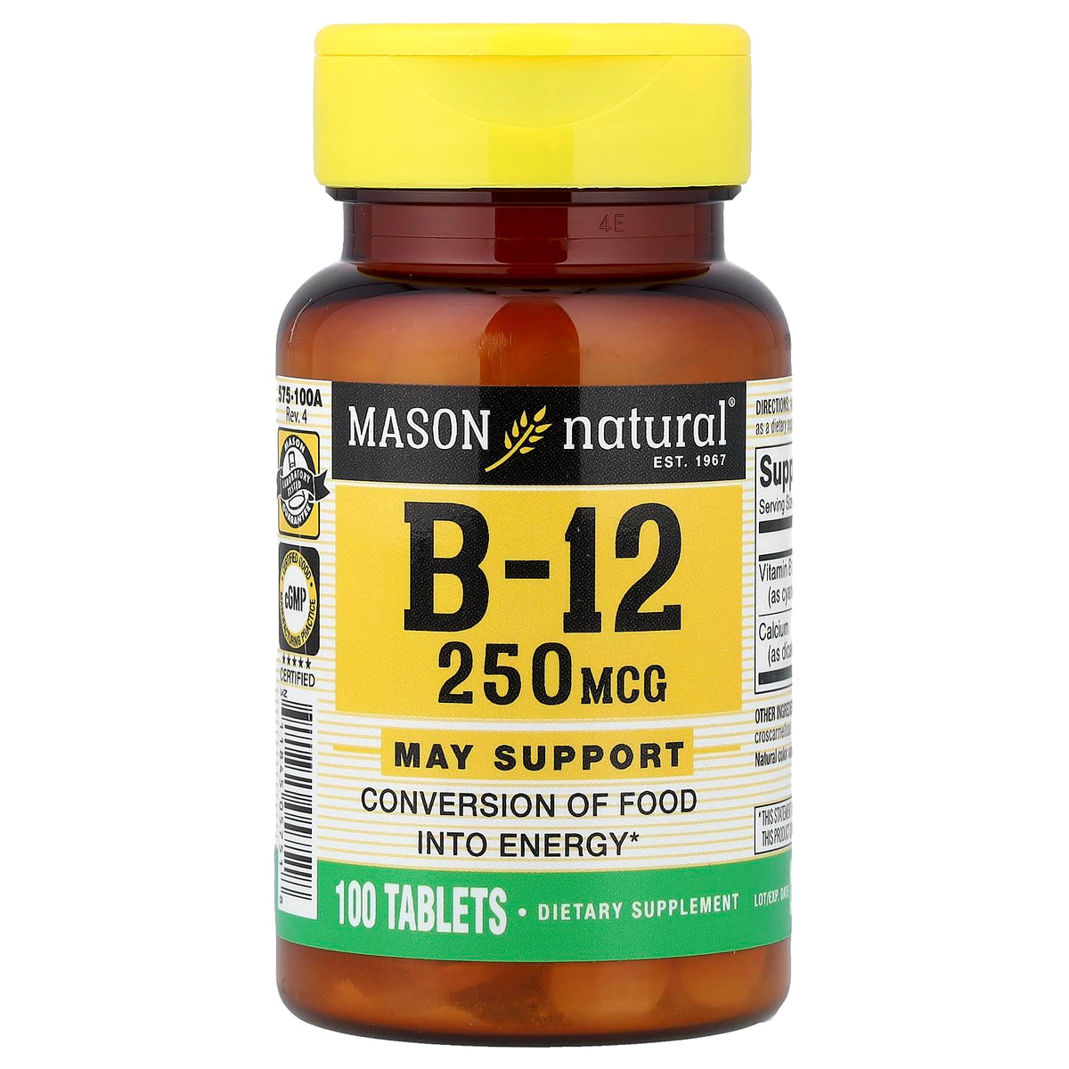 MASON NATURAL B12 250mcg Tablets front view with packaging