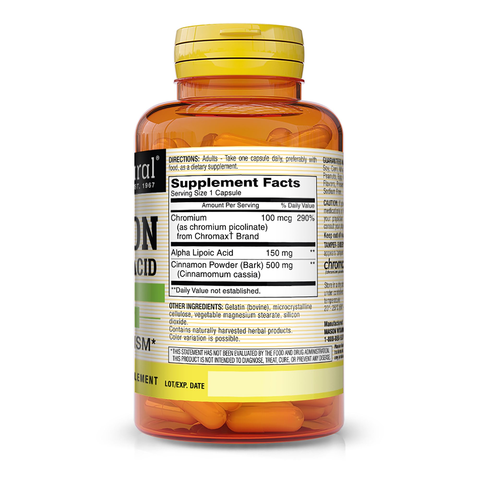 MASON NATURAL Cinnamon Alpha Lipoic Acid Complex side view showing capsule details