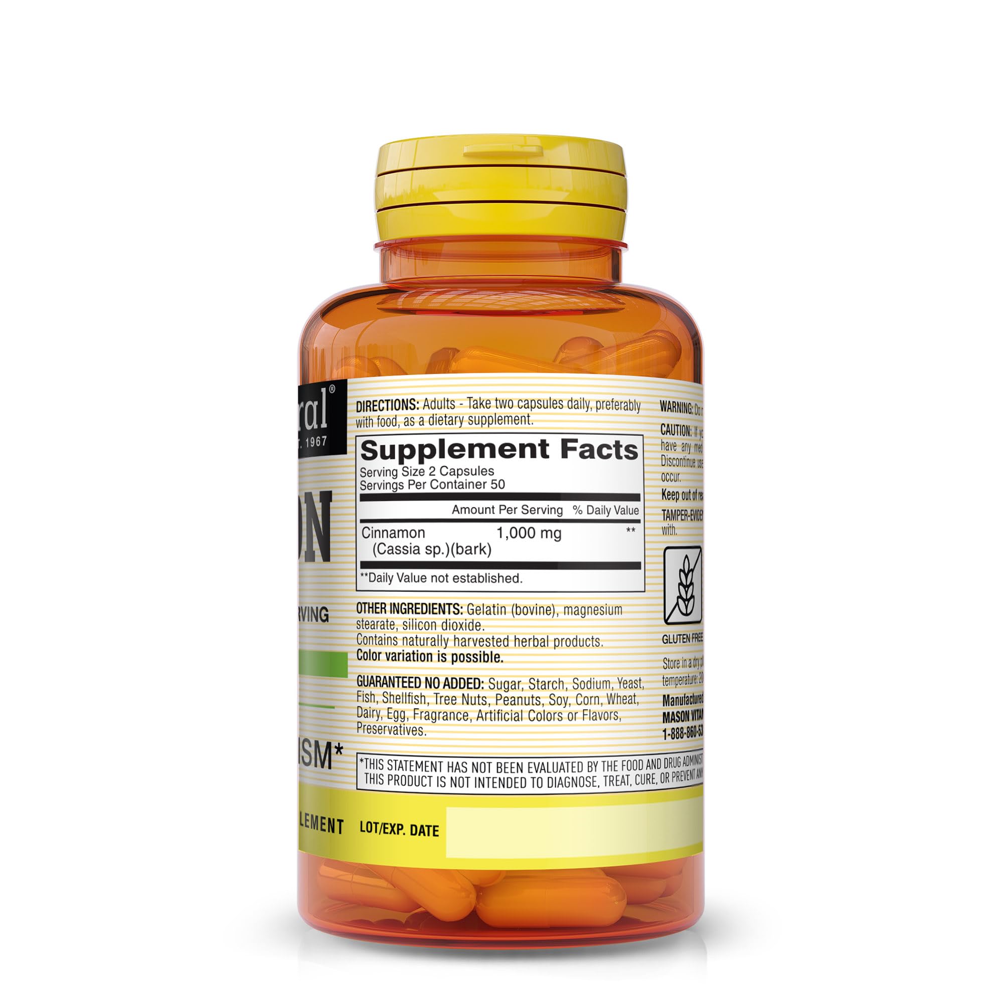 MASON NATURAL Cinnamon Capsules 1000mg bottle side view