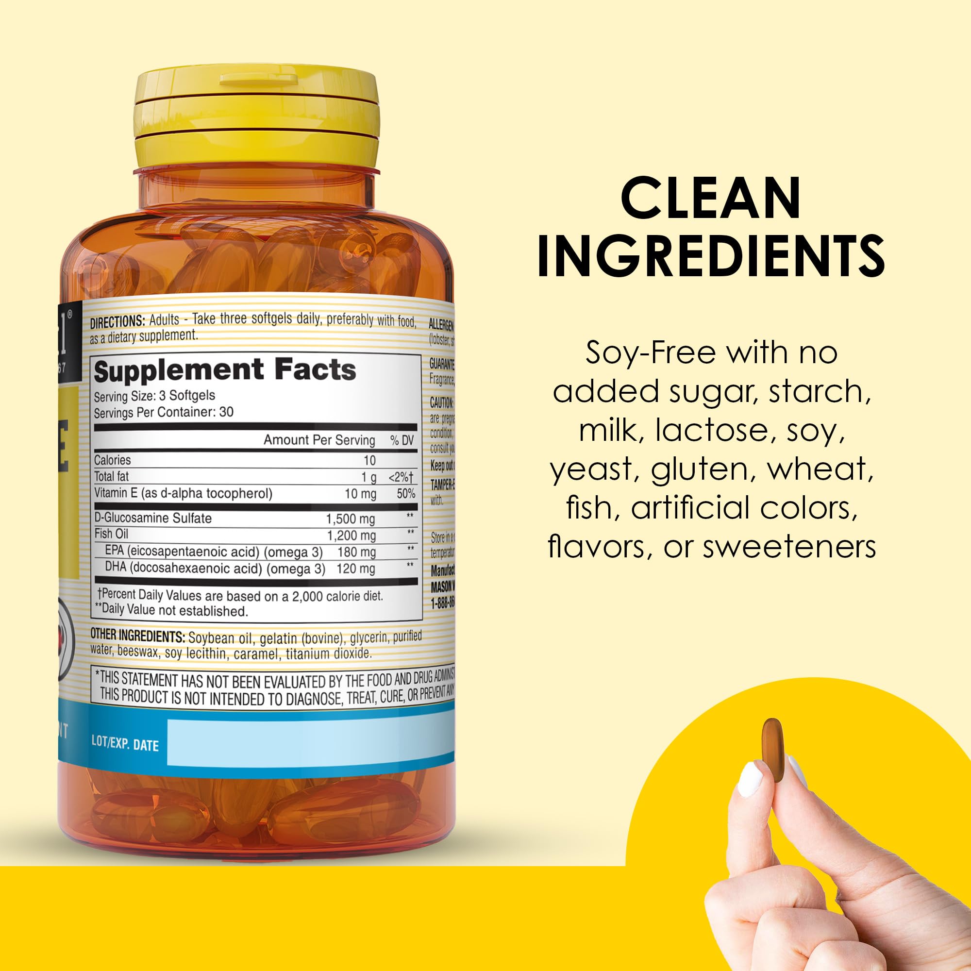 MASON NATURAL Fish Oil softgels on a wooden table