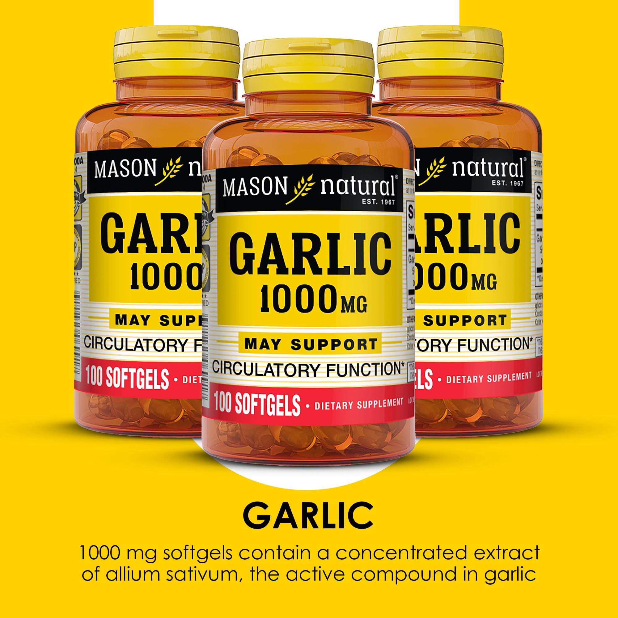 MASON NATURAL Garlic Oil Softgels opened bottle with softgels