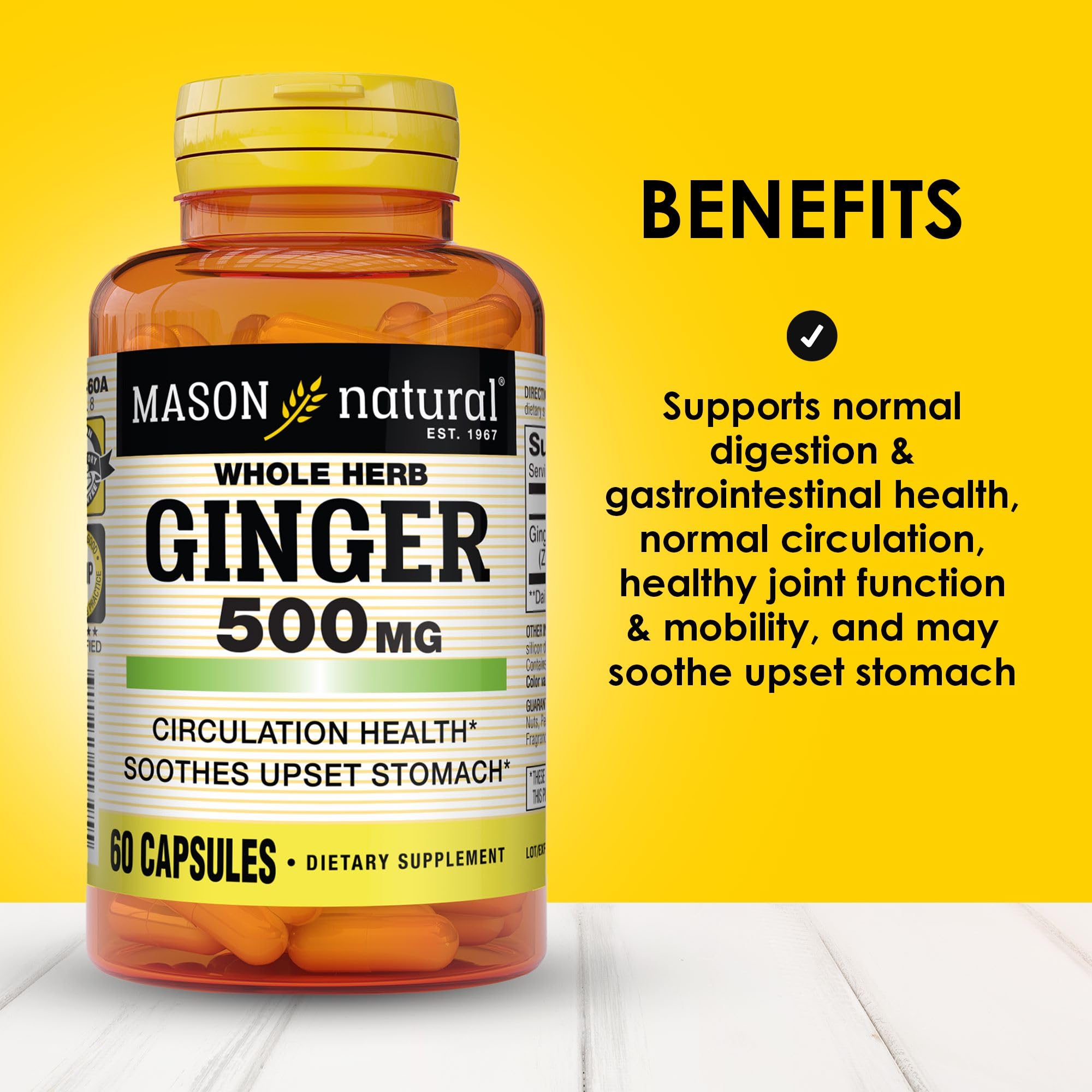 MASON NATURAL Ginger Supplement 500mg bottle with label