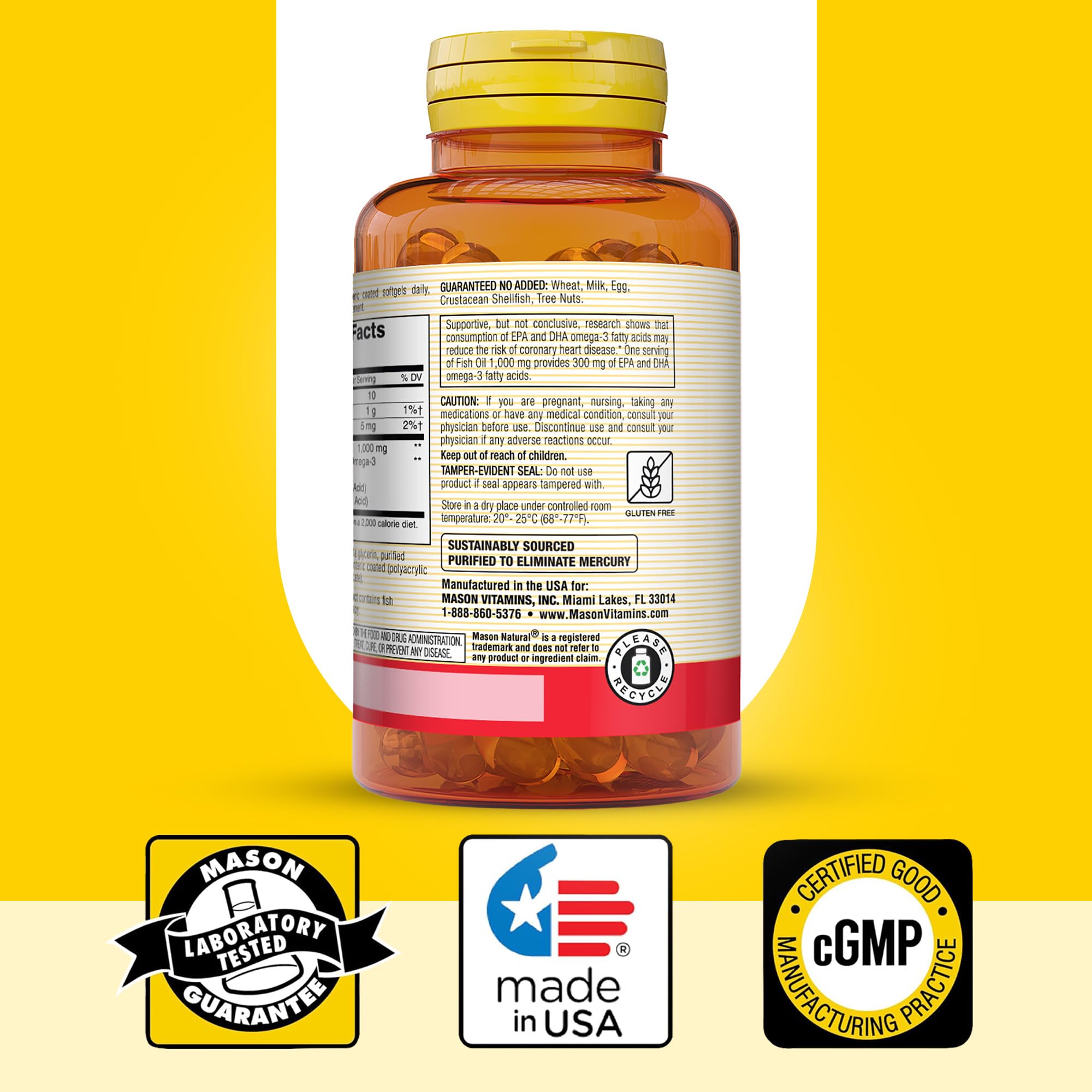 MASON NATURAL No Burp Fish Oil 1000 mg softgel on a kitchen counter