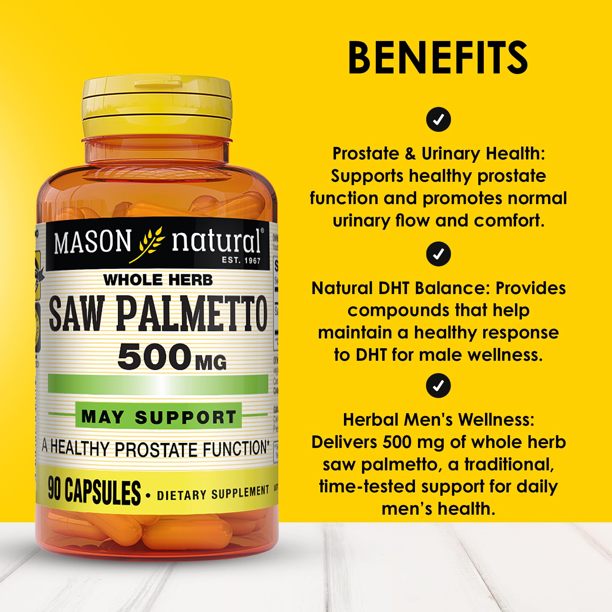 MASON NATURAL Saw Palmetto 500mg capsules on a wooden surface