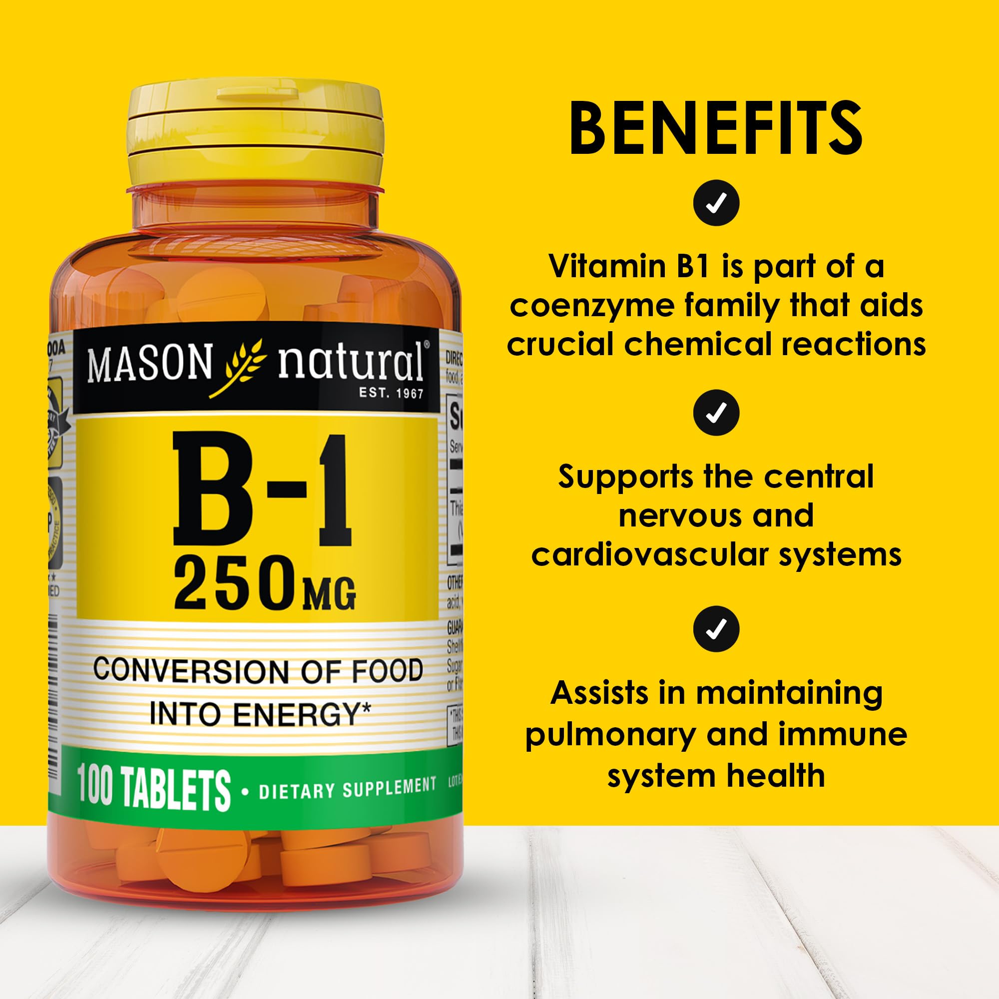 MASON NATURAL Vitamin B1 Thiamine 250mg supplement side view