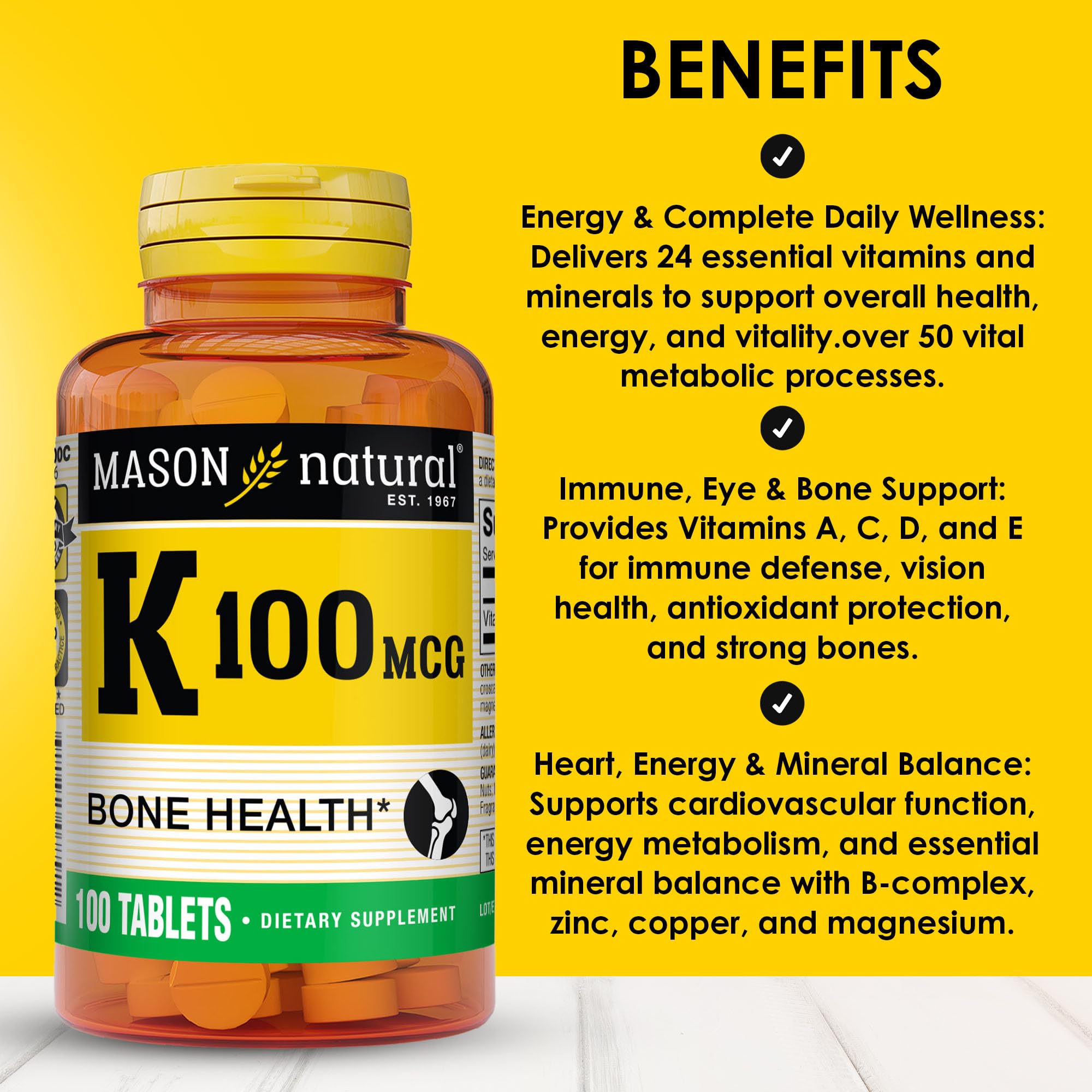 MASON NATURAL Vitamin K1 100 mcg capsules bottle side view