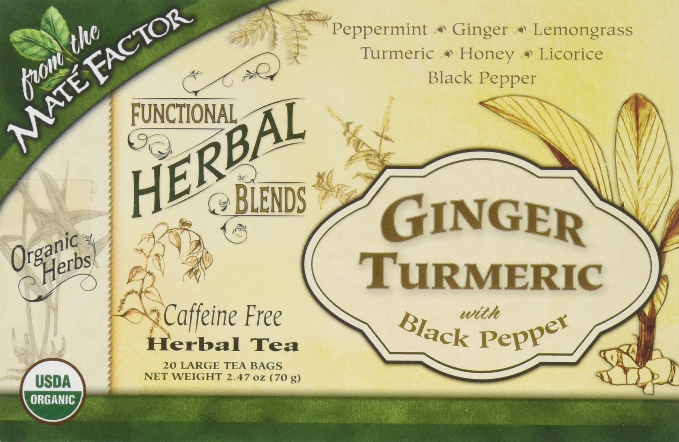 Maté Factor Ginger Turmeric with Black Pepper tea bags inside the box