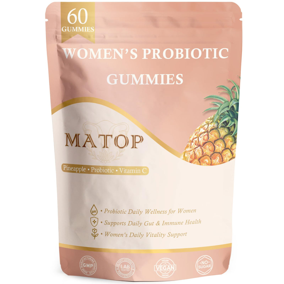 MATOP Probiotic Gummies for Women front view with pineapple flavour