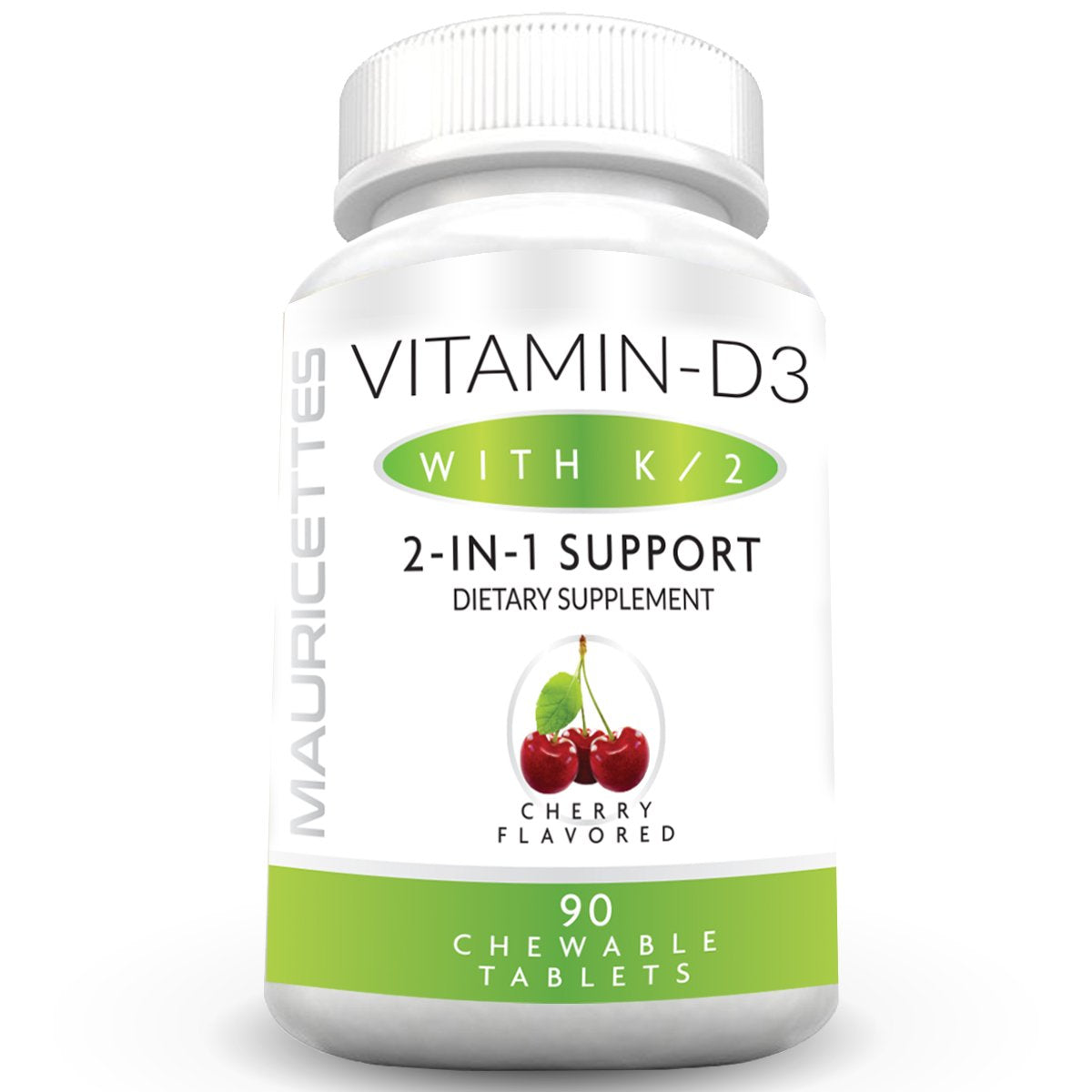 Mauricettes Vitamin D3 & K2 chewable tablets front view, cherry flavour