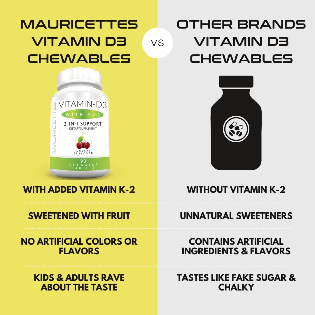Mauricettes Vitamin D3 & K2 chewable tablets with a measuring spoon
