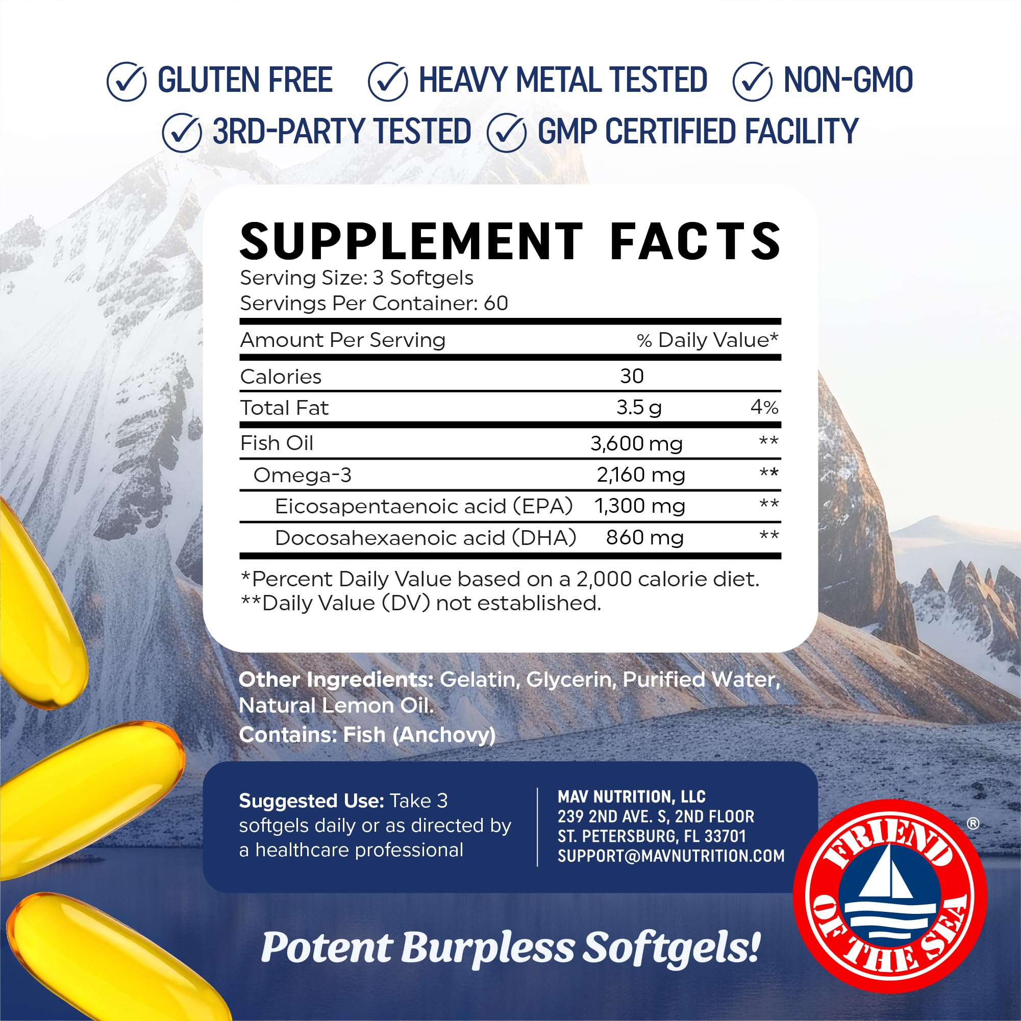 MAV NUTRITION Fish Oil Triple Strength 3600mg citrus-flavoured softgels