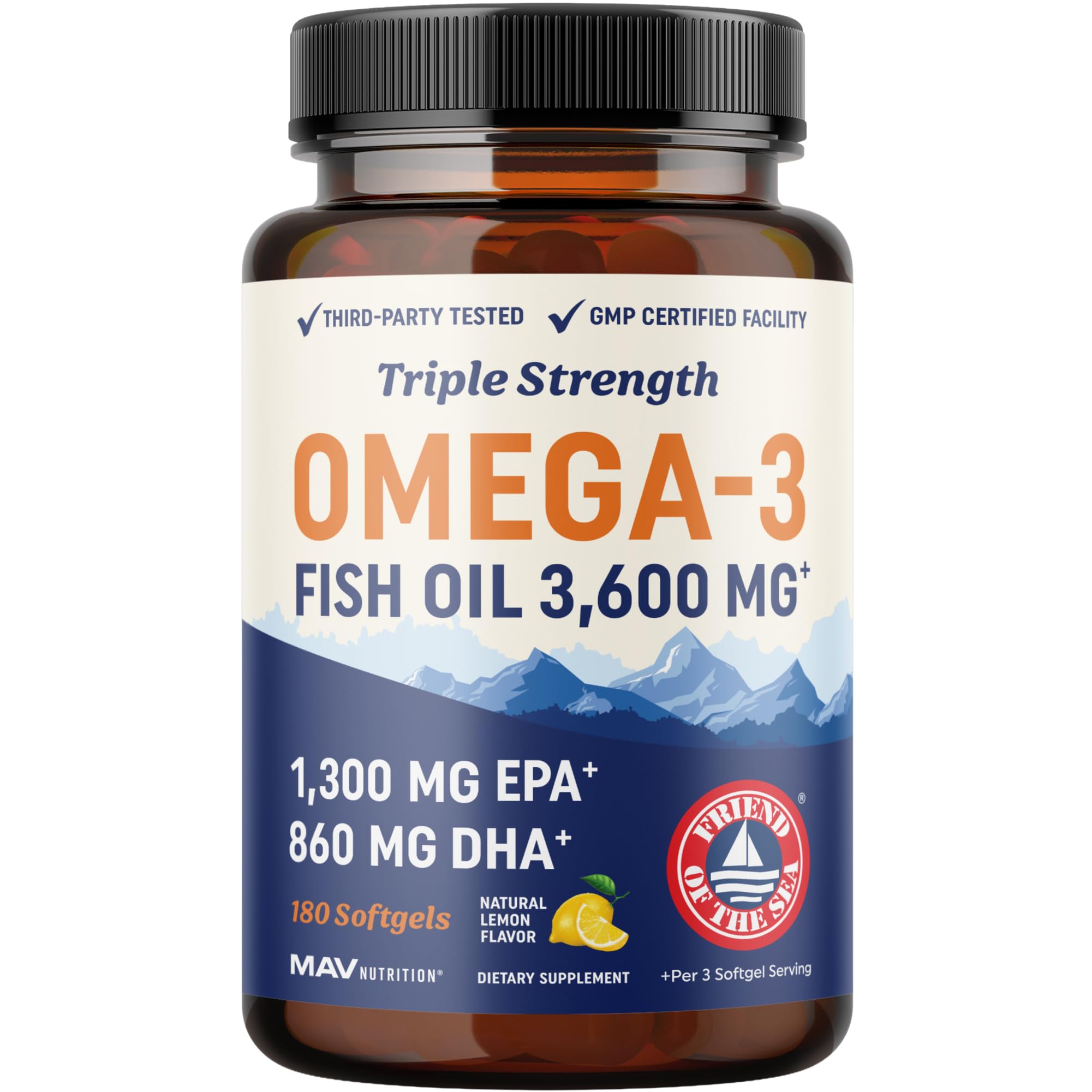 MAV NUTRITION Fish Oil Triple Strength 3600mg softgel bottle front view