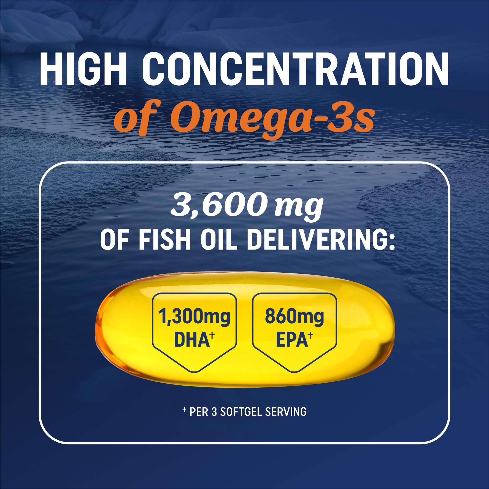 MAV NUTRITION Fish Oil Triple Strength 3600mg softgels on a white background