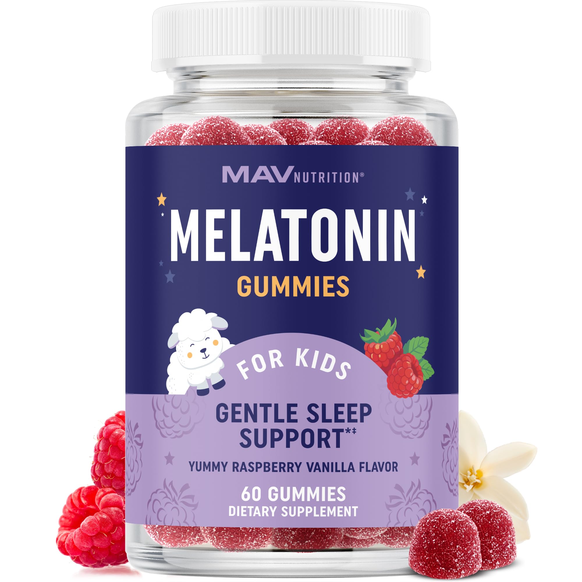 MAV NUTRITION Melatonin Kids Gummies front view with raspberry-vanilla flavour