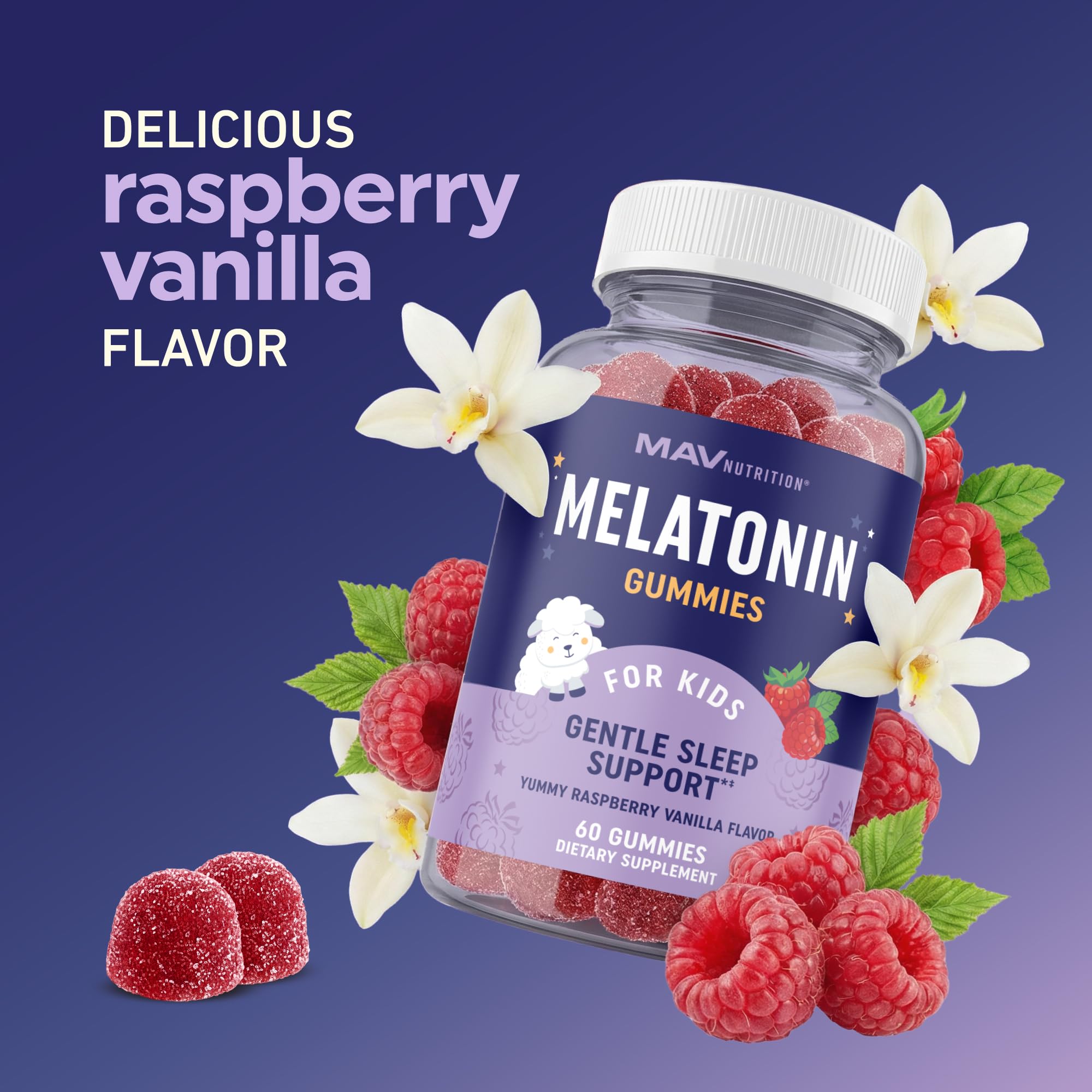 MAV NUTRITION Melatonin Kids Gummies with a calming bedtime scene