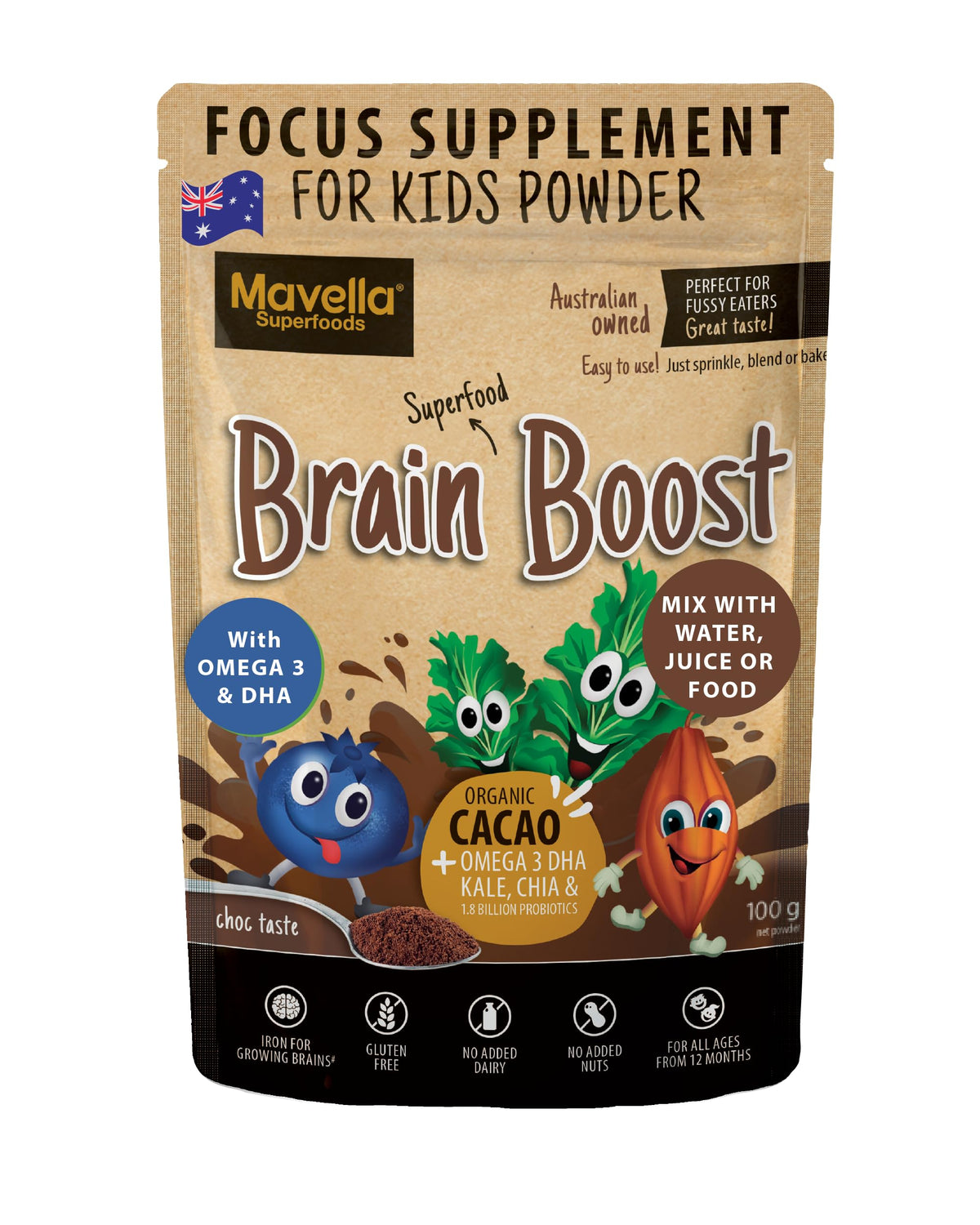 Mavella Focus Supplement for Kids 100g chocolate flavour front view