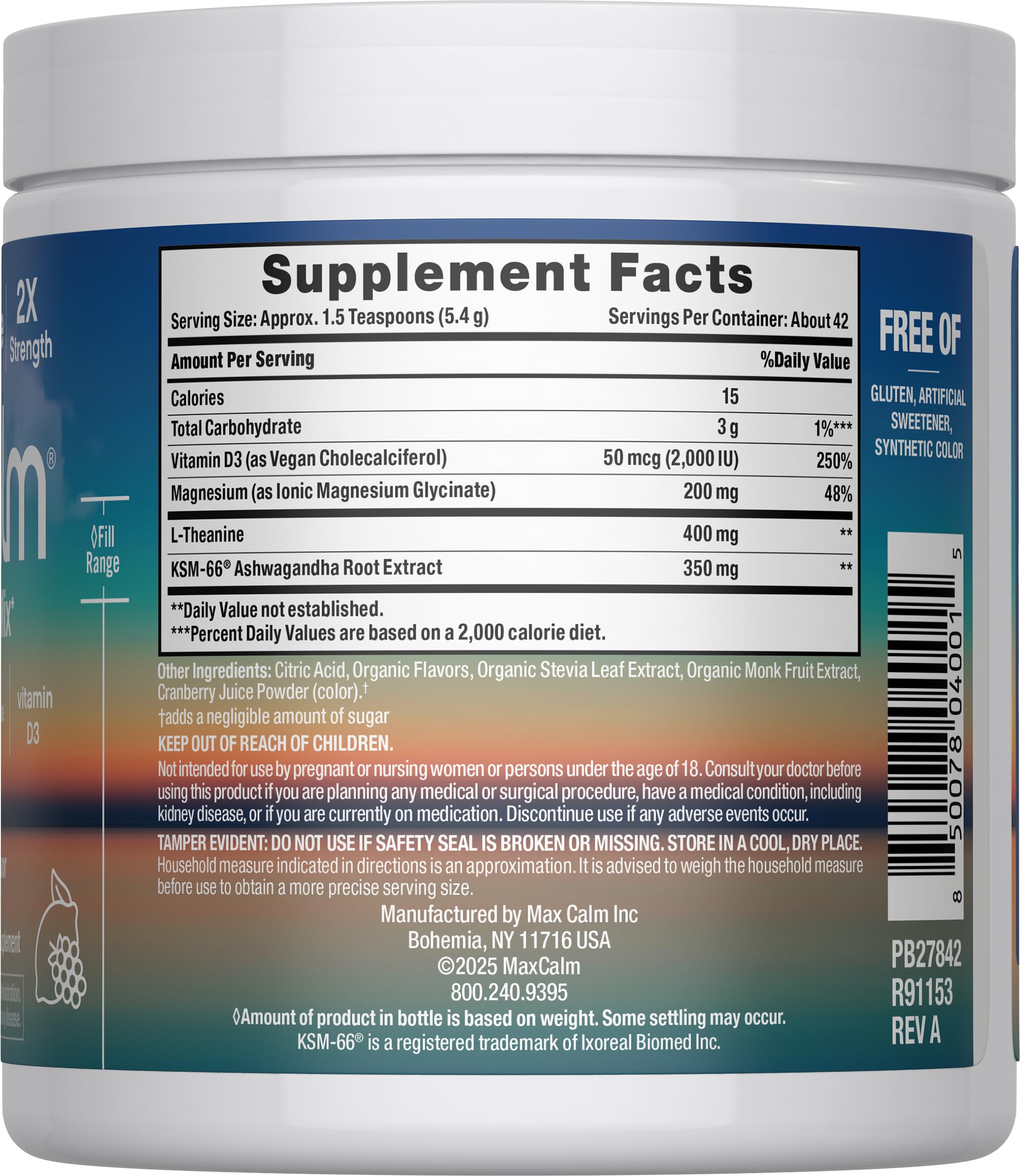 Max Calm Magnesium Supplement Raspberry-Lemonade stick pack back view
