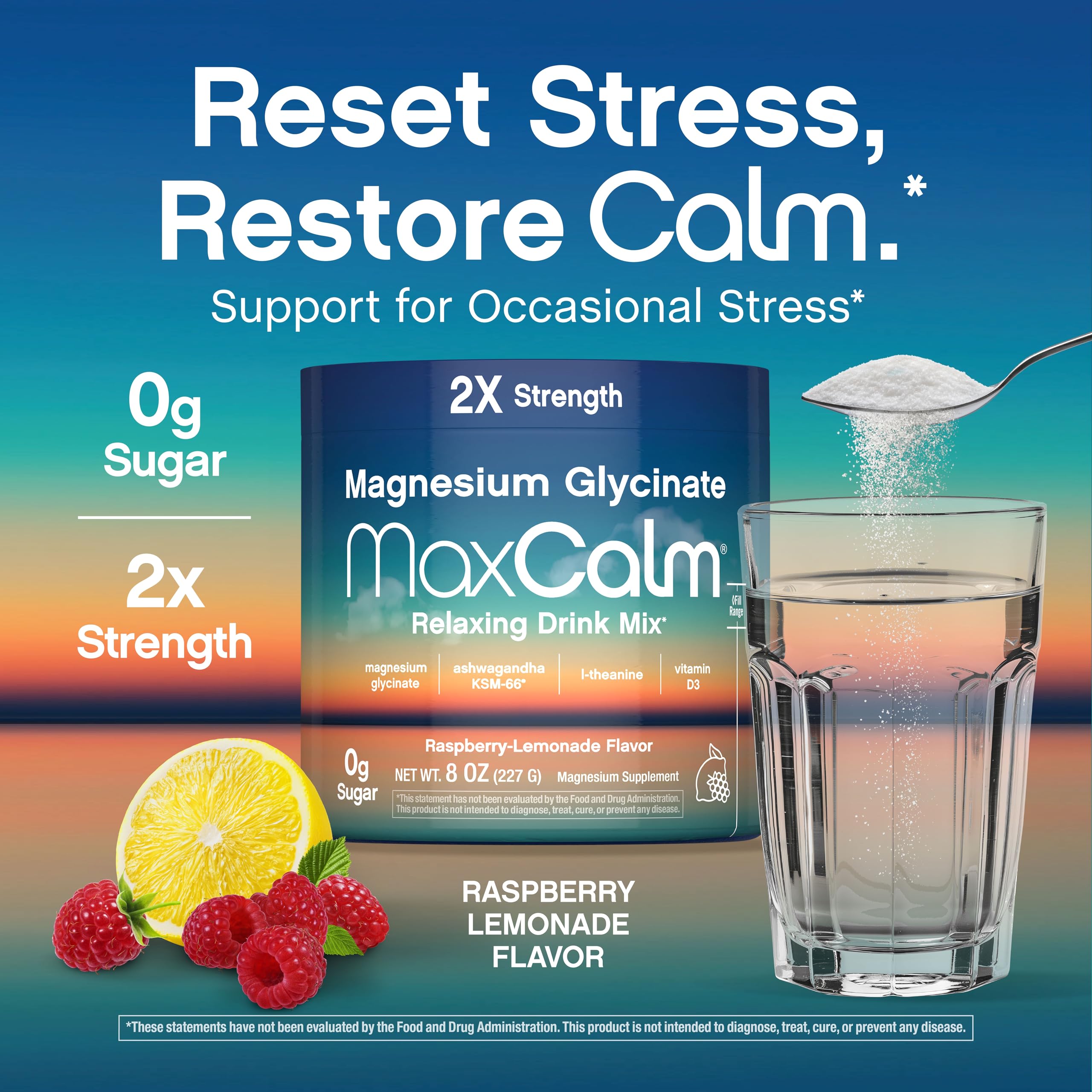 Max Calm Magnesium Supplement Raspberry-Lemonade stick pack on a wooden table