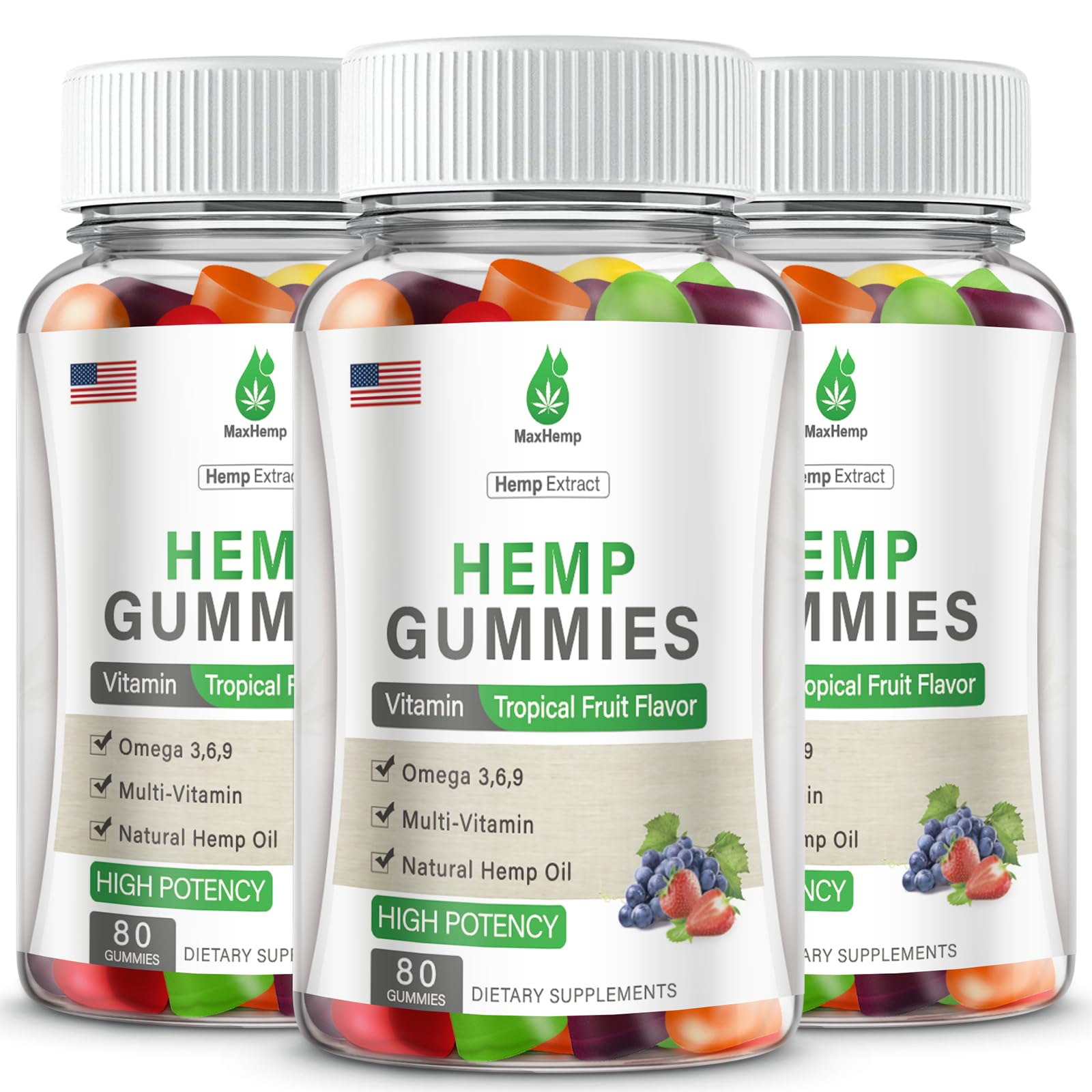 MaxHemp Hemp Gummies 200g front view with tropical fruit flavour