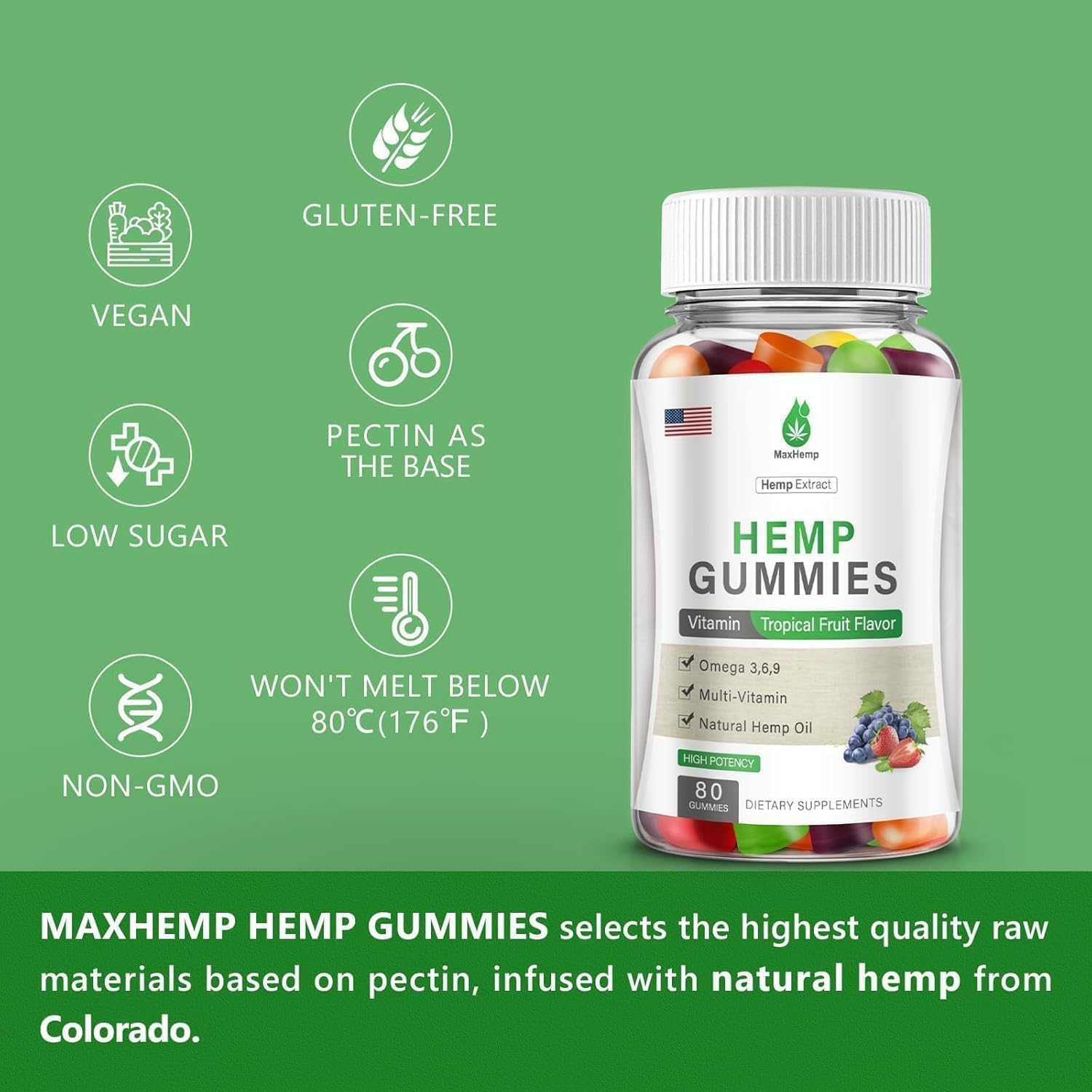 MaxHemp Hemp Gummies with fresh fruit background