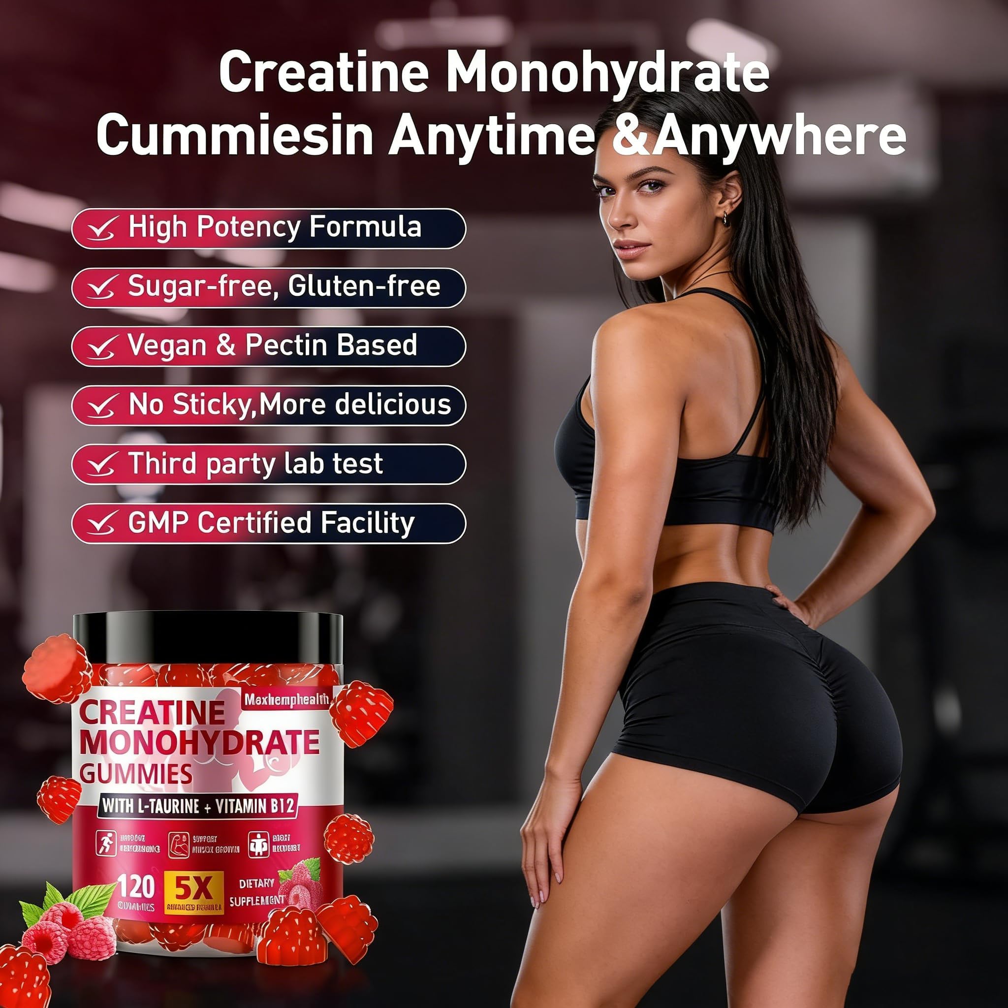 Maxhemphealth Creatine Gummies with a measuring tape and weights