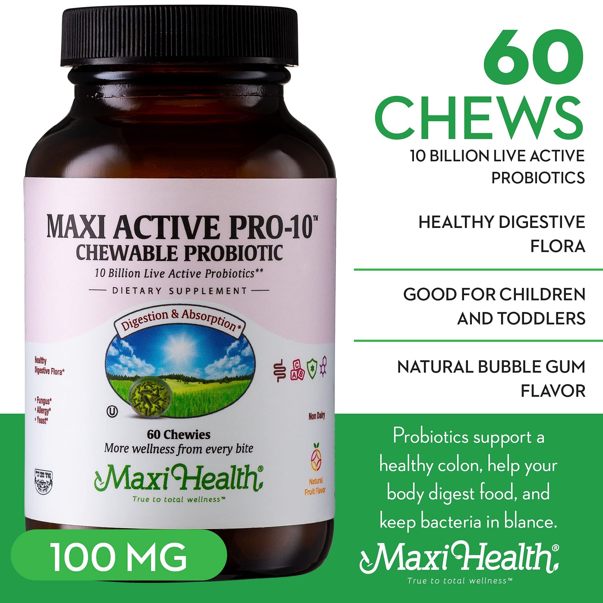 Maxi Health Active Pro-10 Kids Probiotic Chewables back view showing ingredients