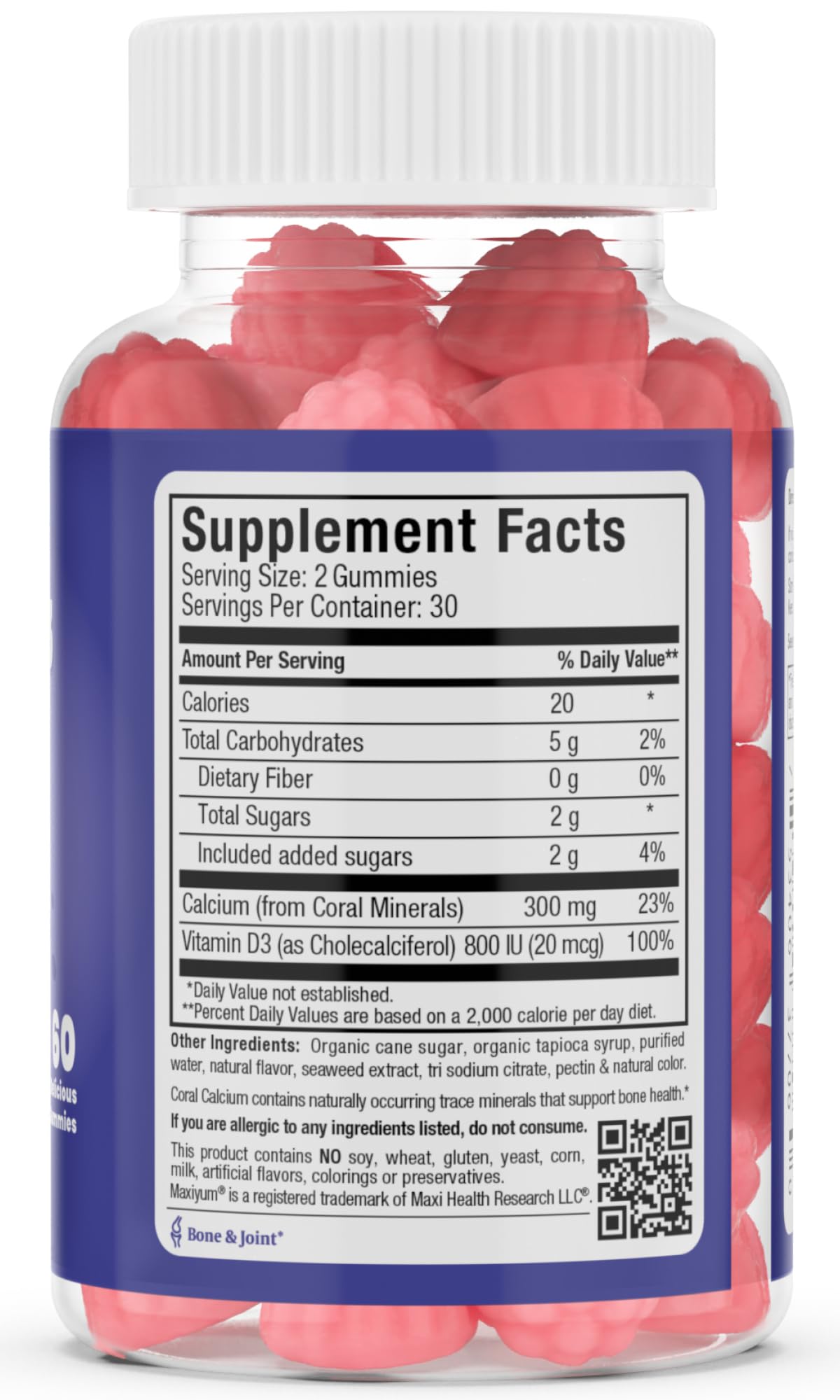 Maxi Health Calci-Licious! Gummies side view showing serving size