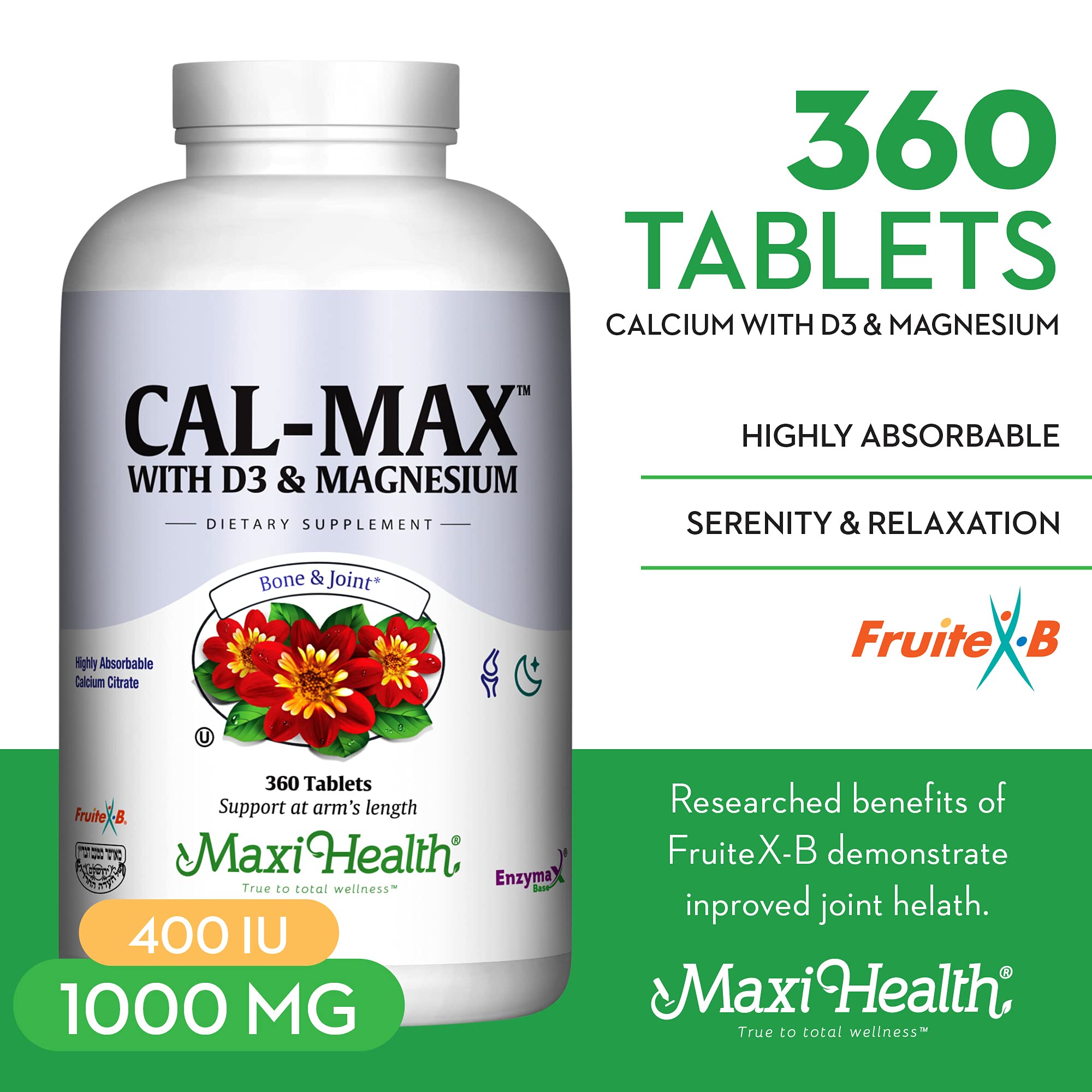 Maxi Health Calcium Supplement 345g back view with ingredient list