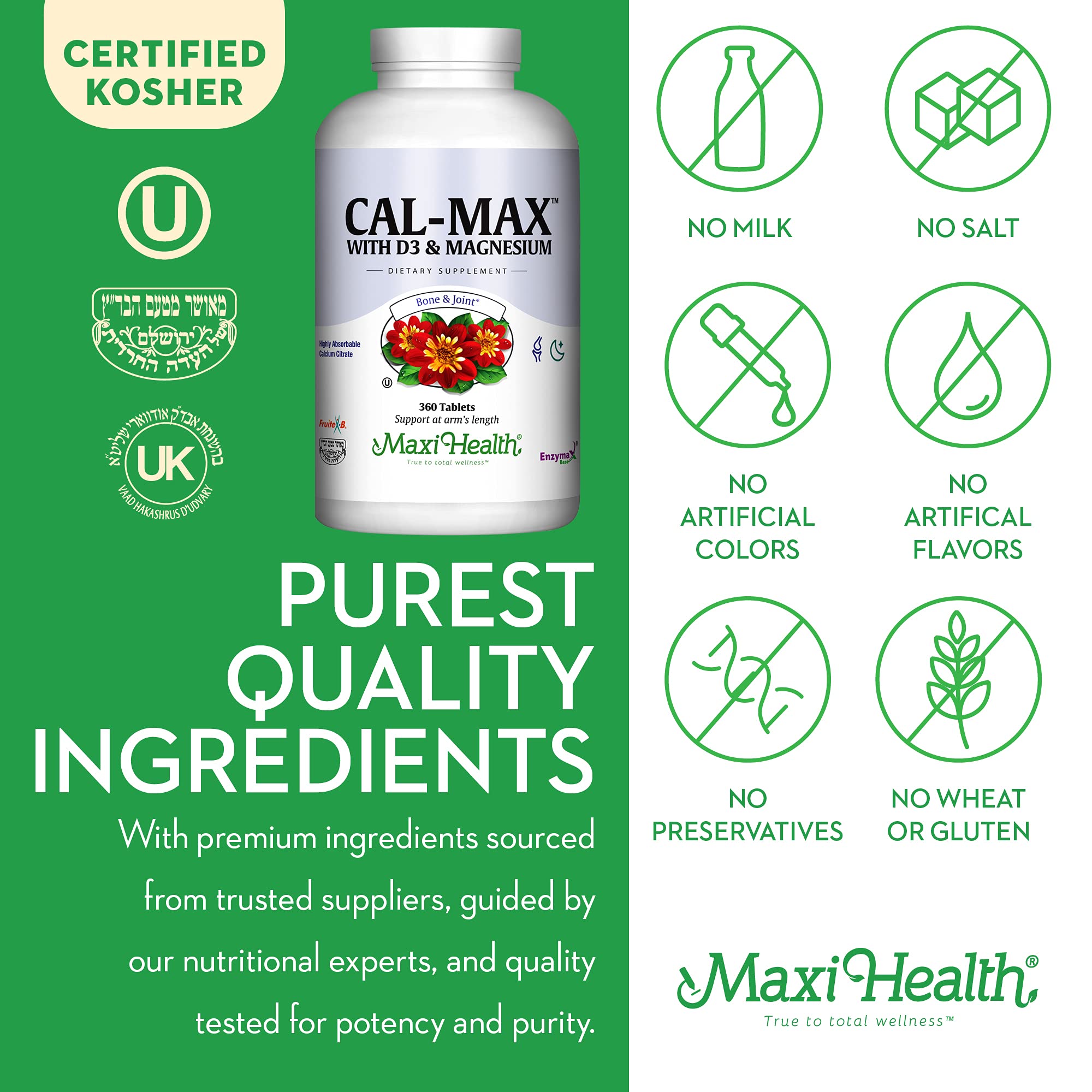 Maxi Health Calcium Supplement 345g with a measuring spoon