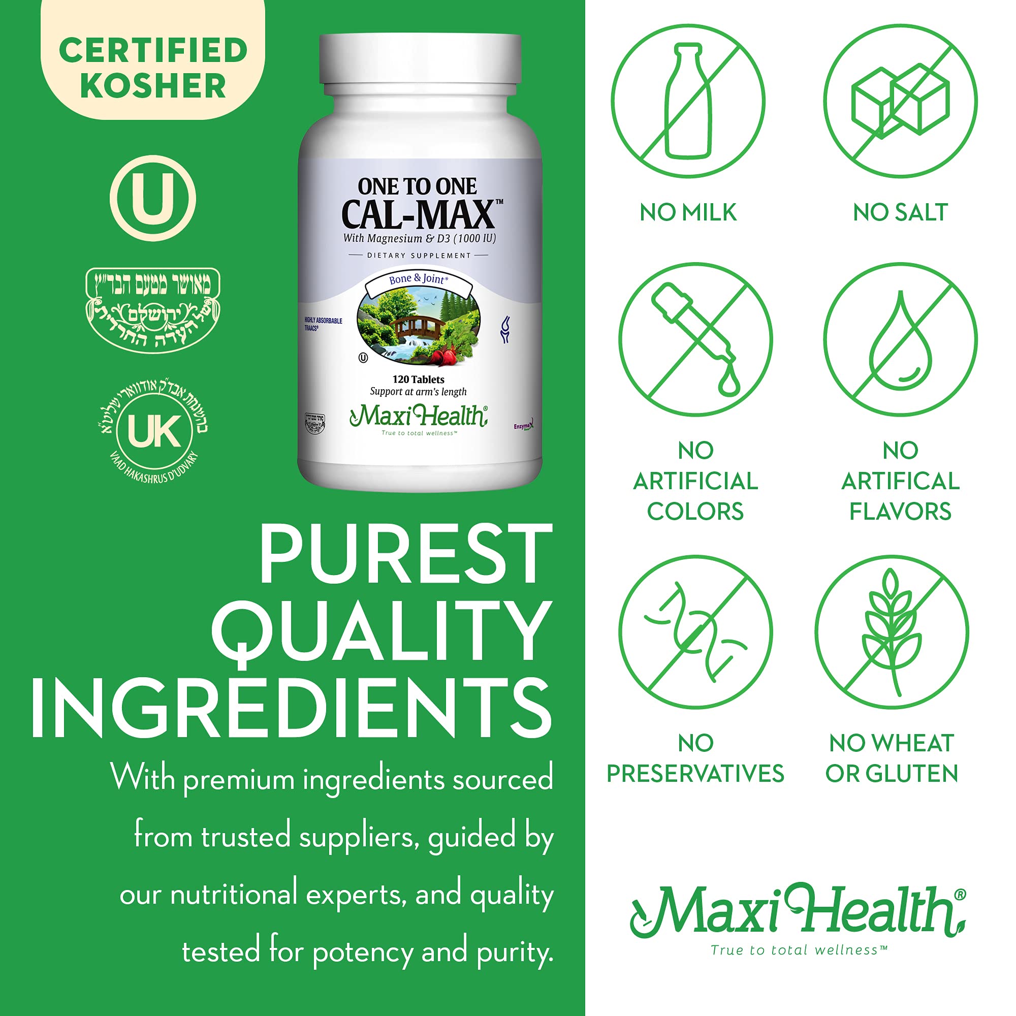 Maxi Health Calcium Supplement back view with nutritional information