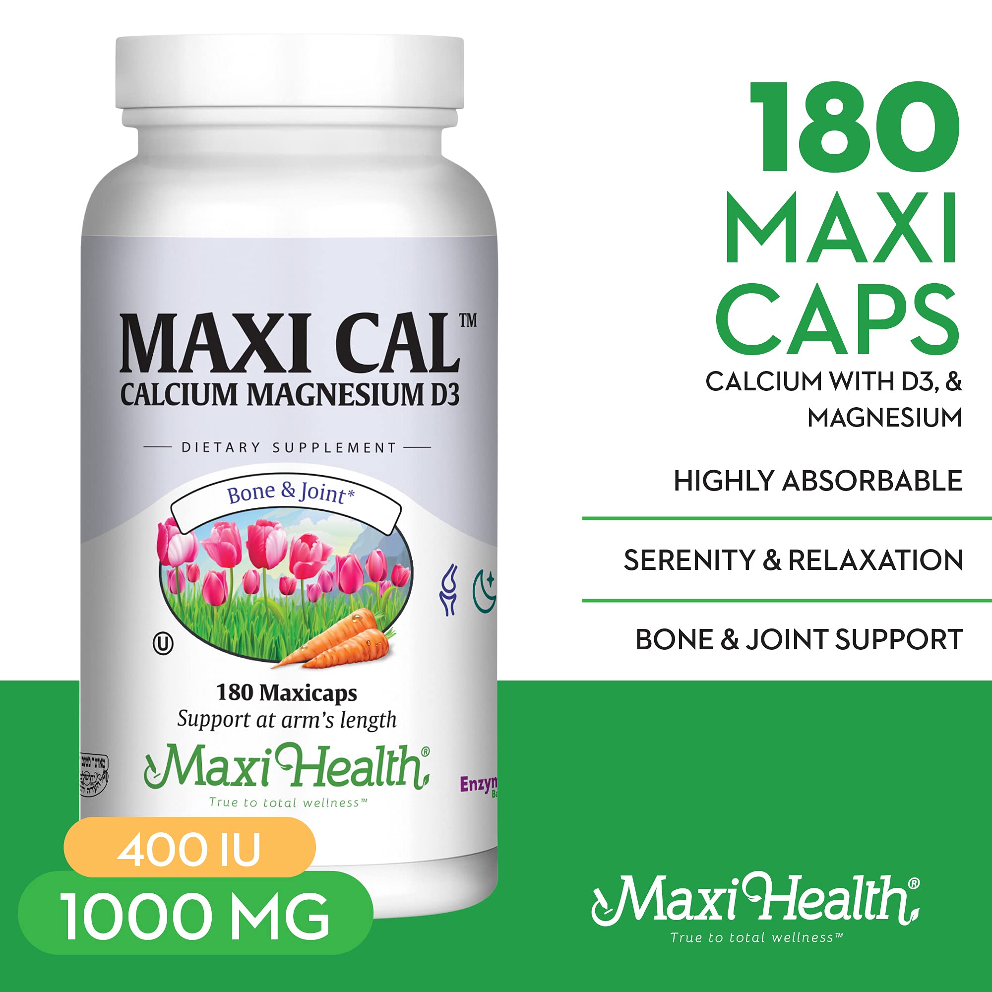 Maxi Health Calcium with D3 & Magnesium 1000mg capsules back view