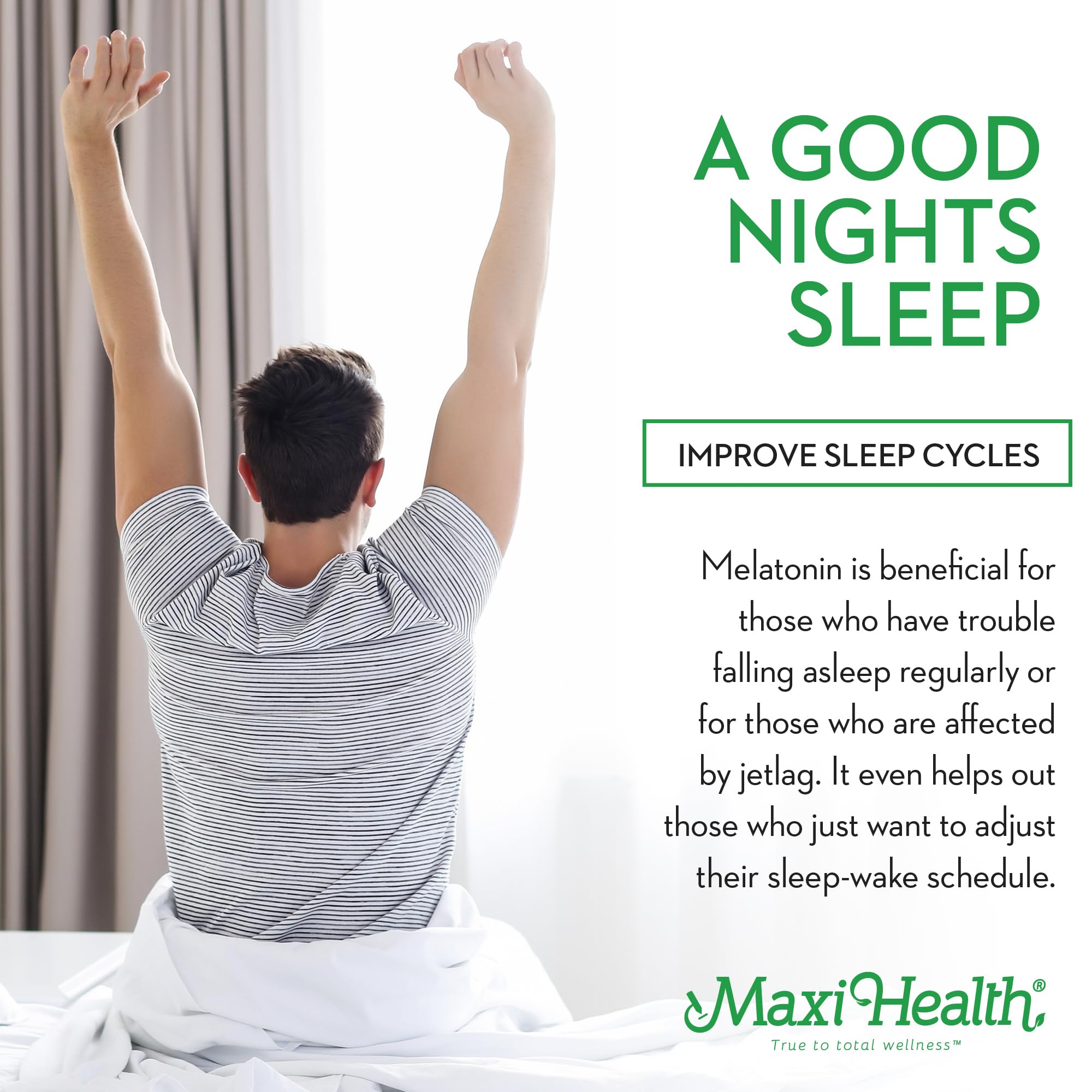 Maxi Health Chewable Melatonin tablets on a wooden surface