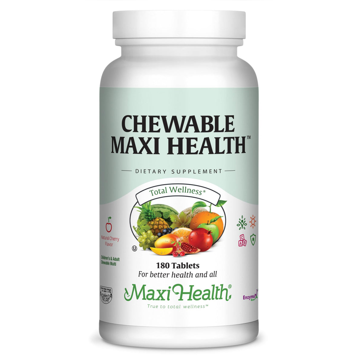 Maxi Health Chewable Multivitamin front view with cherry flavour