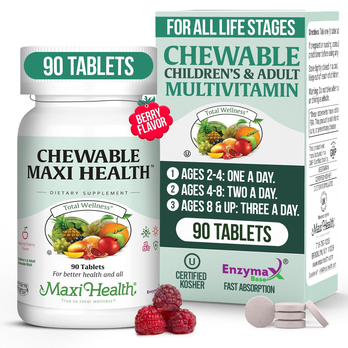 Maxi Health Chewable Multivitamin front view with cherry flavour