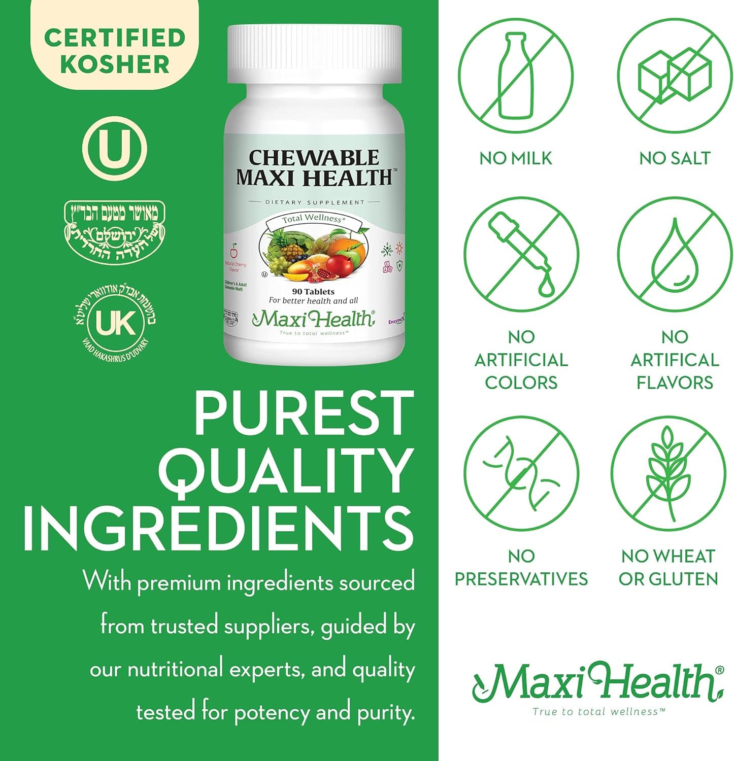 Maxi Health Chewable Multivitamin with iron on a wooden table