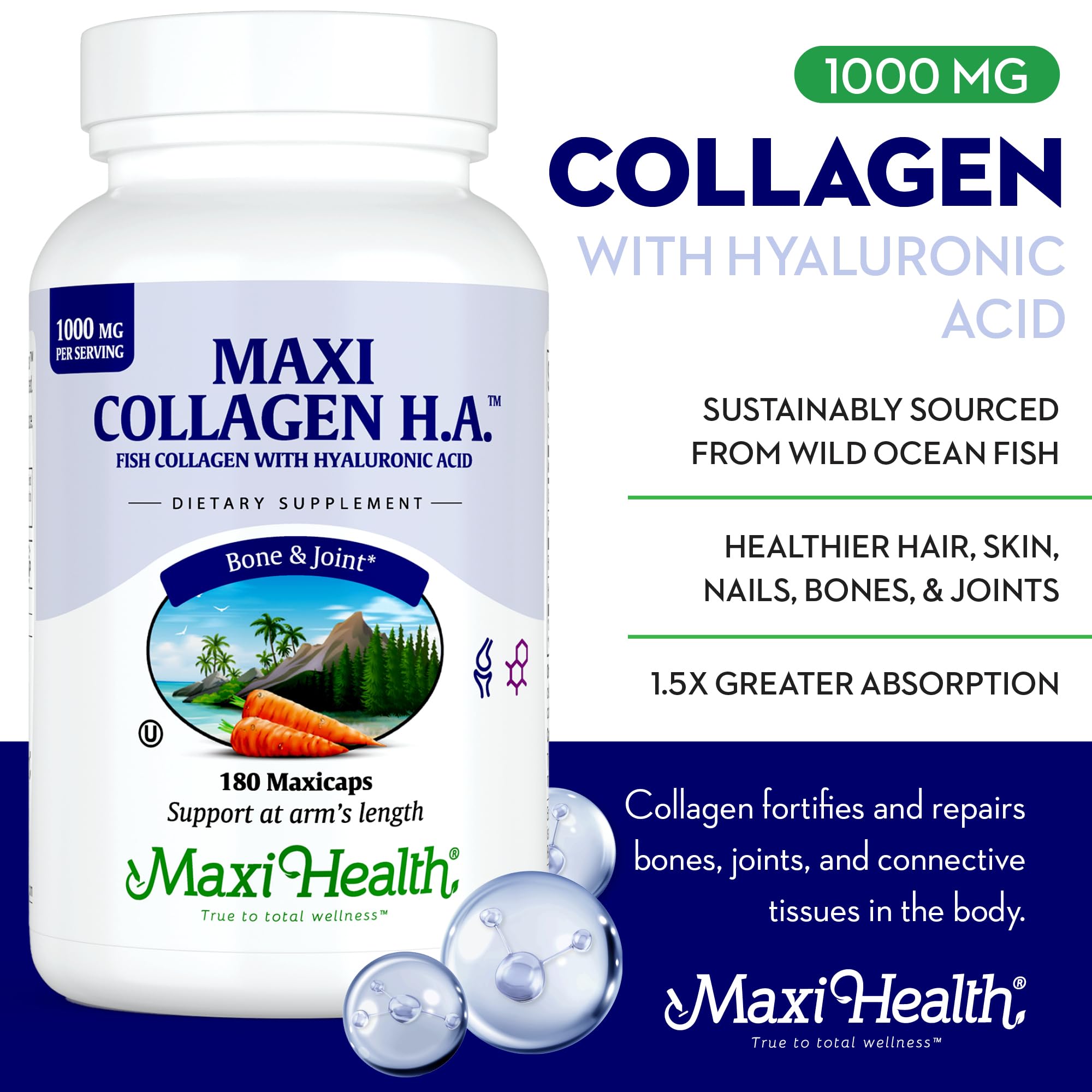 Maxi Health Collagen Capsules side view showing dosage