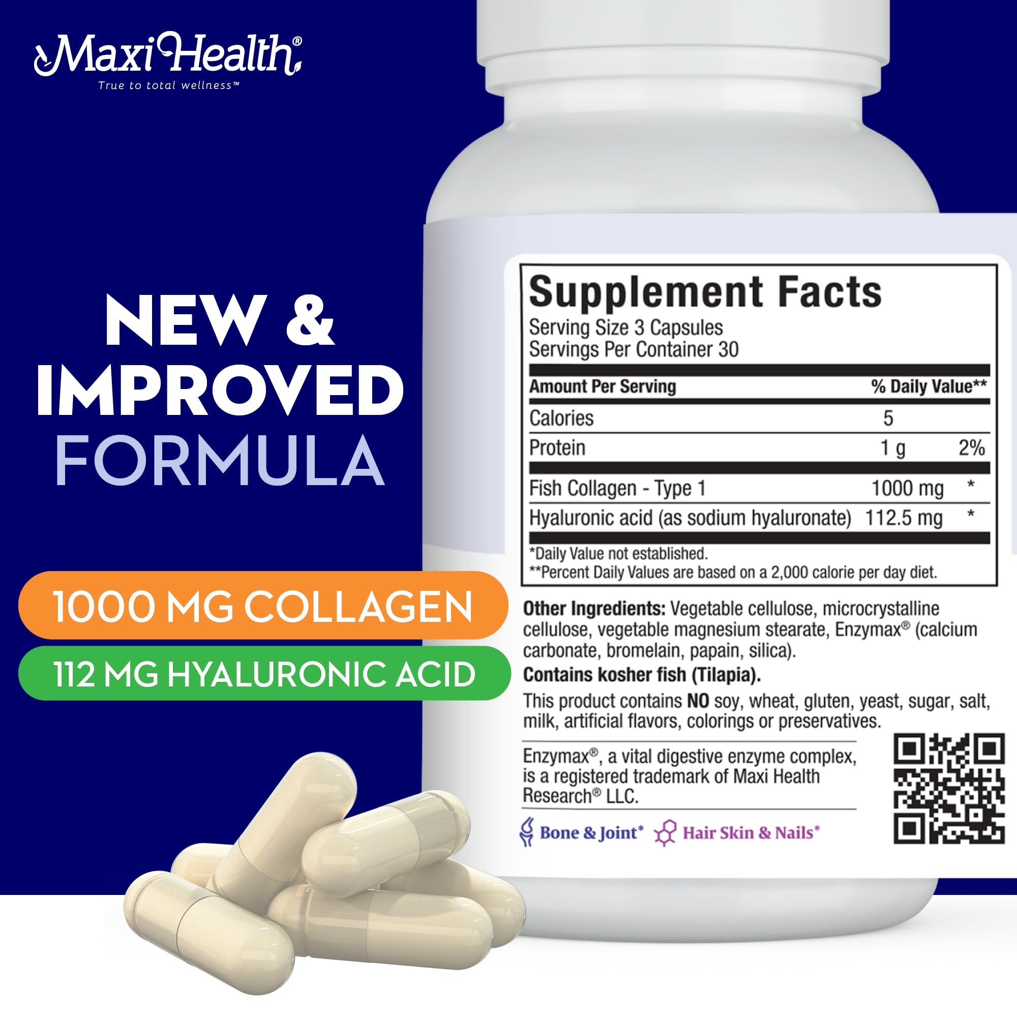 Maxi Health Collagen Supplement 1000mg Fish Type 1 capsules on a table