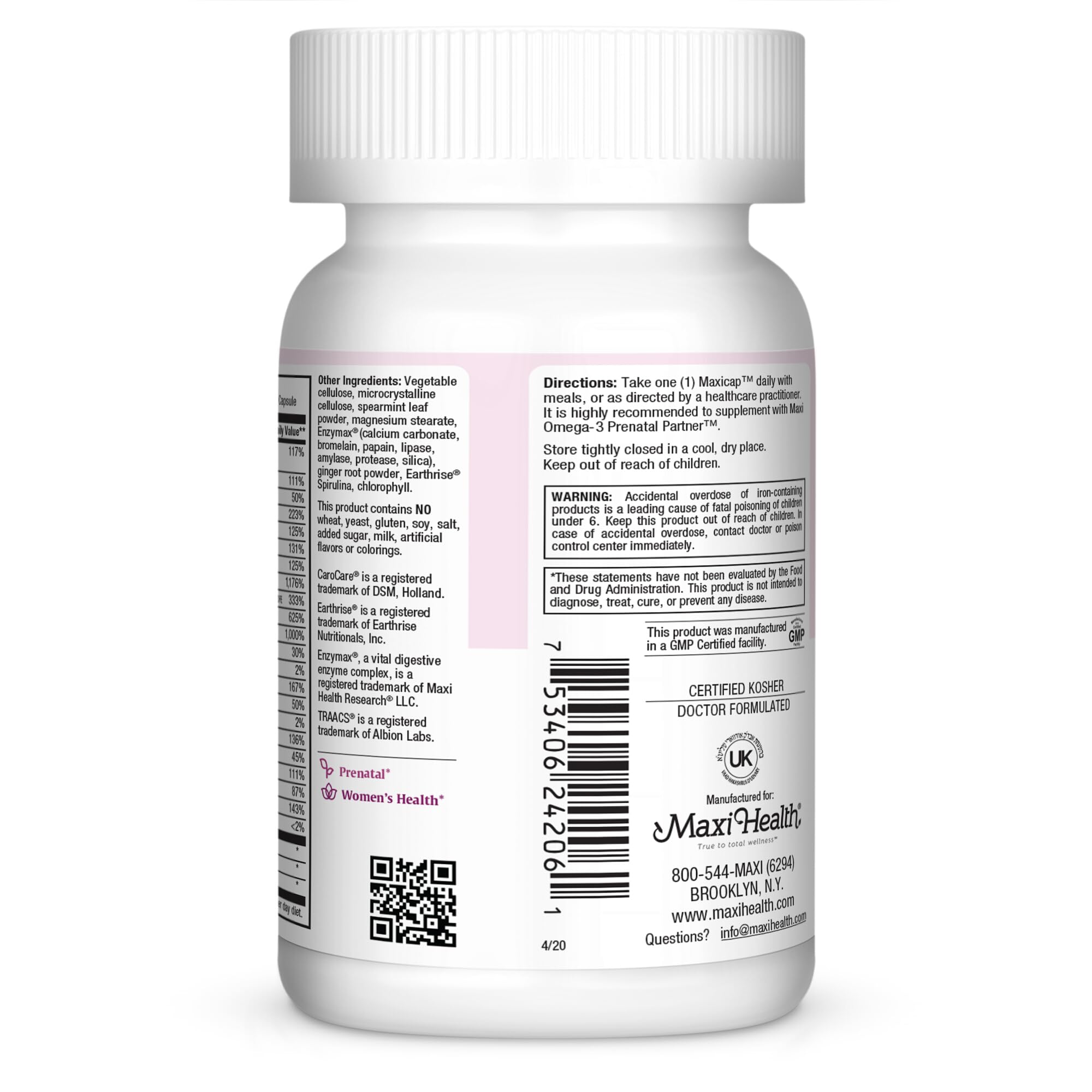Maxi Health Complete Prenatal Multivitamin ingredients list on back of packaging