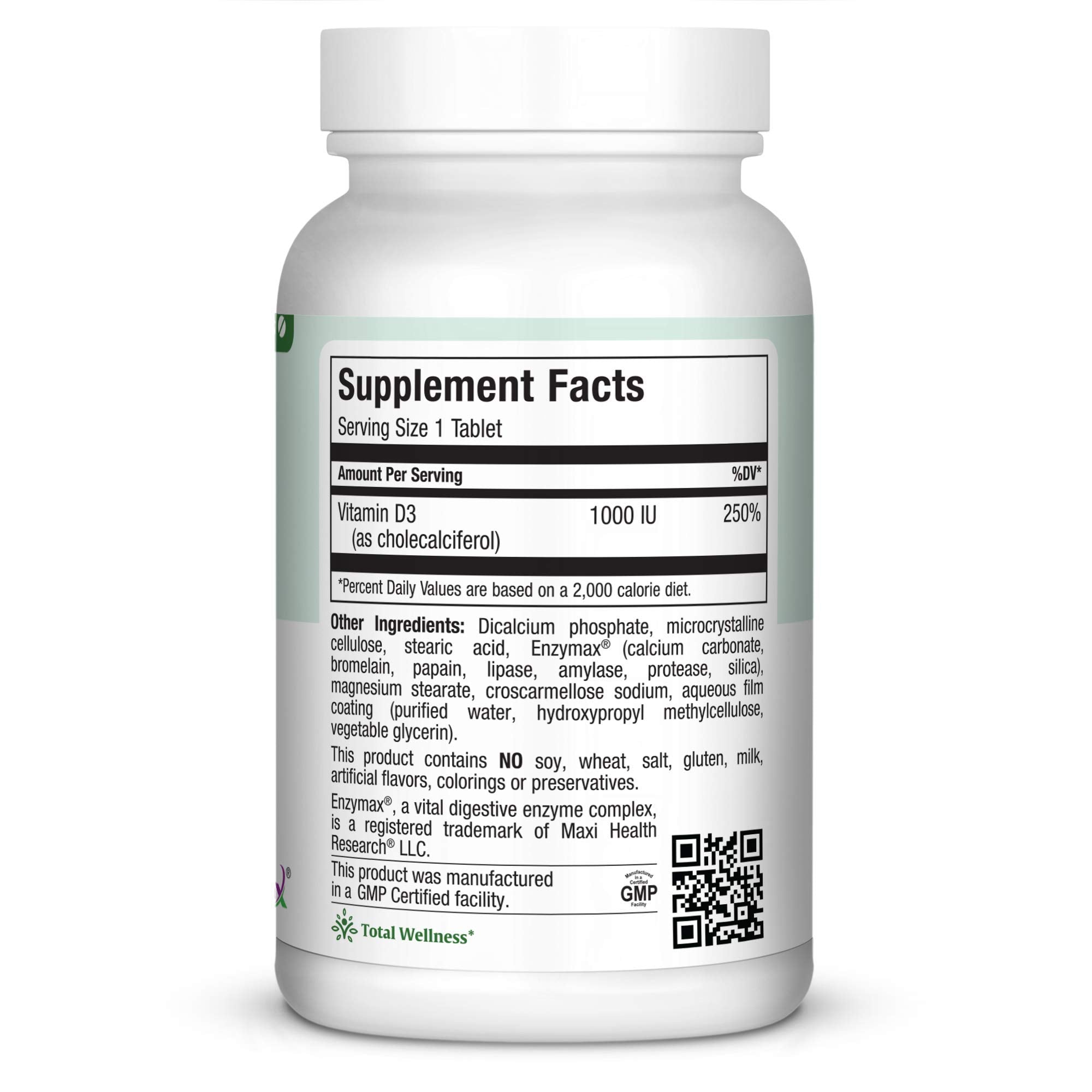Maxi Health D3 1000 IU Tablets side view with dosage information