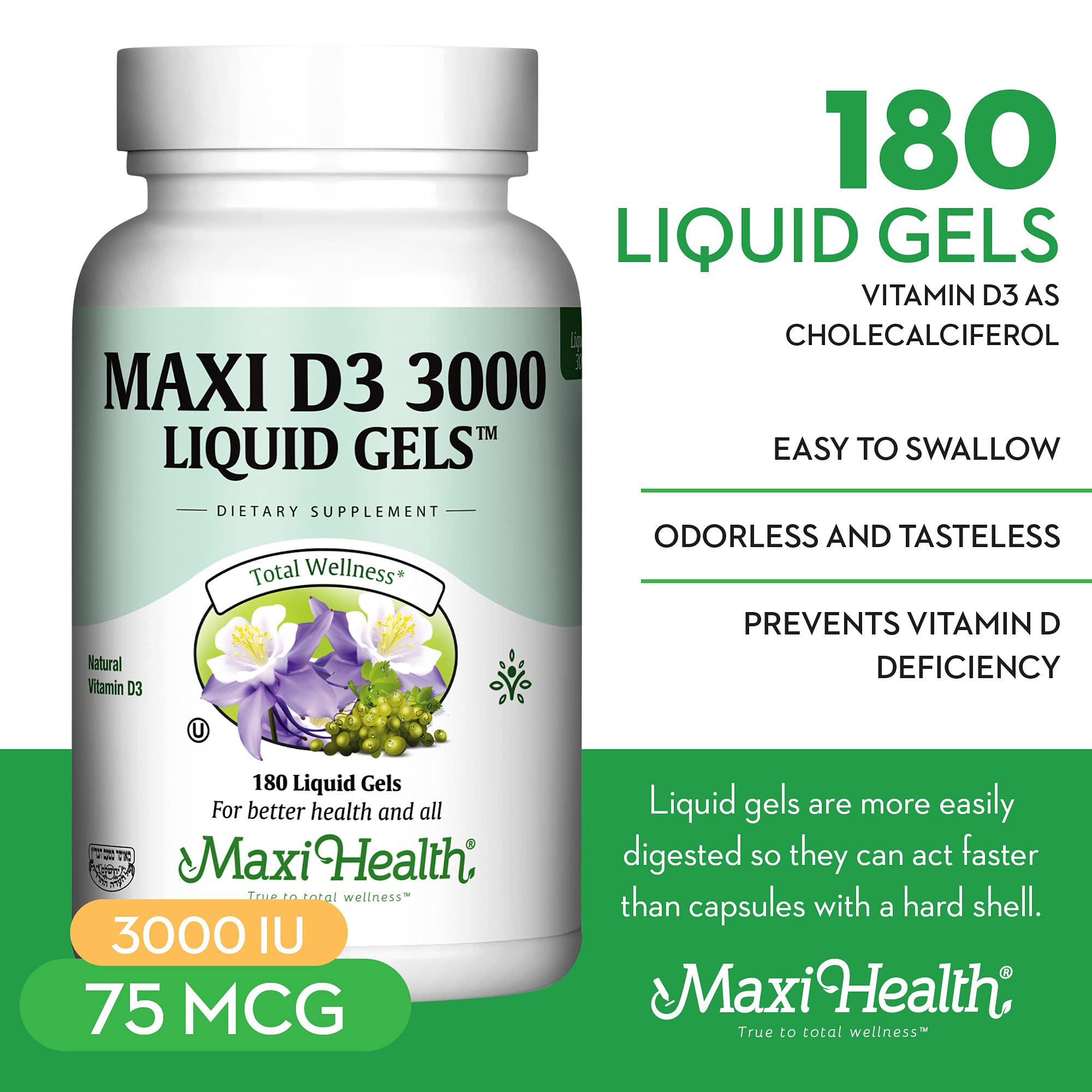 Maxi Health D3 3000 Liquid Gels bottle side view