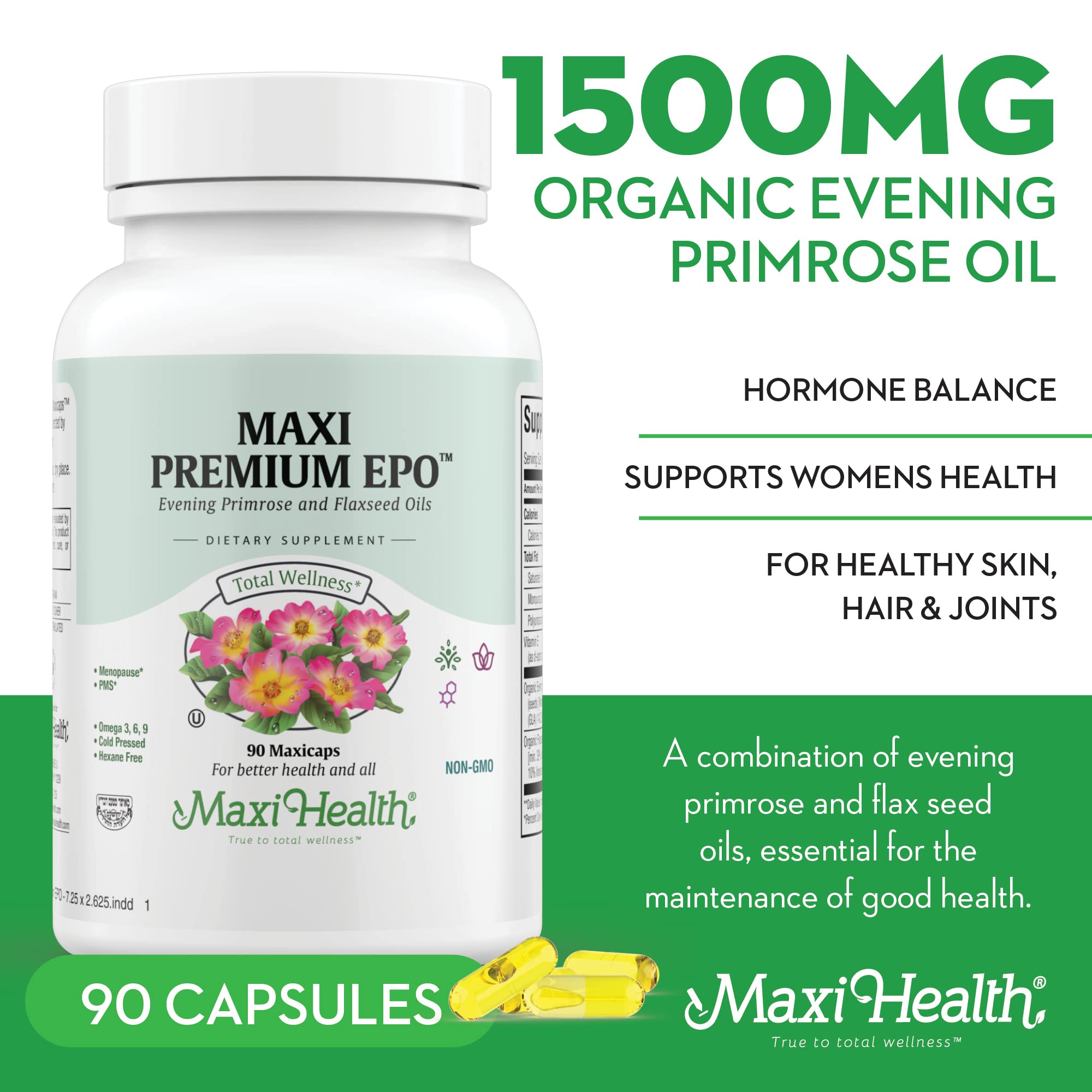 Maxi Health Evening Primrose Oil Capsules showing the side view of the bottle