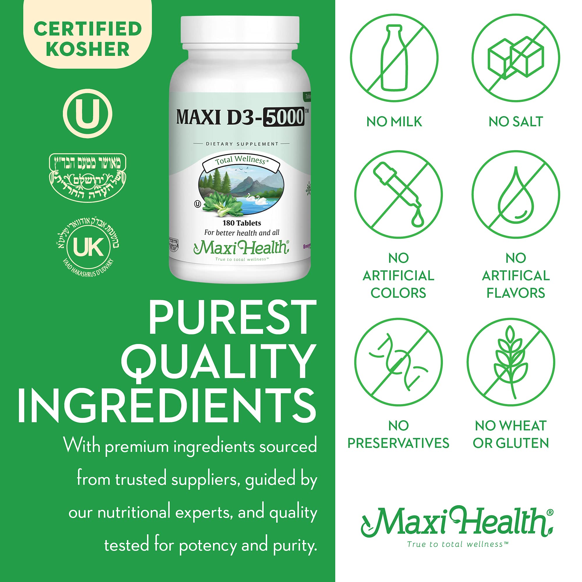 Maxi Health Extra Strength Vitamin D3 5000 IU Tablets on a kitchen counter