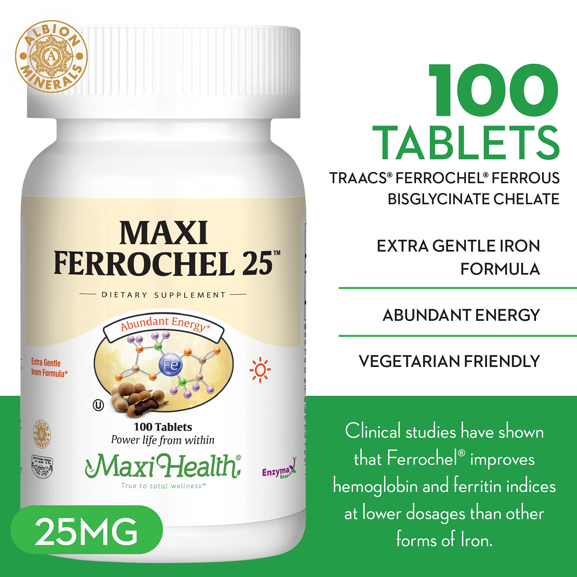 Maxi Health Ferrochel 25 Iron Supplement side view of bottle