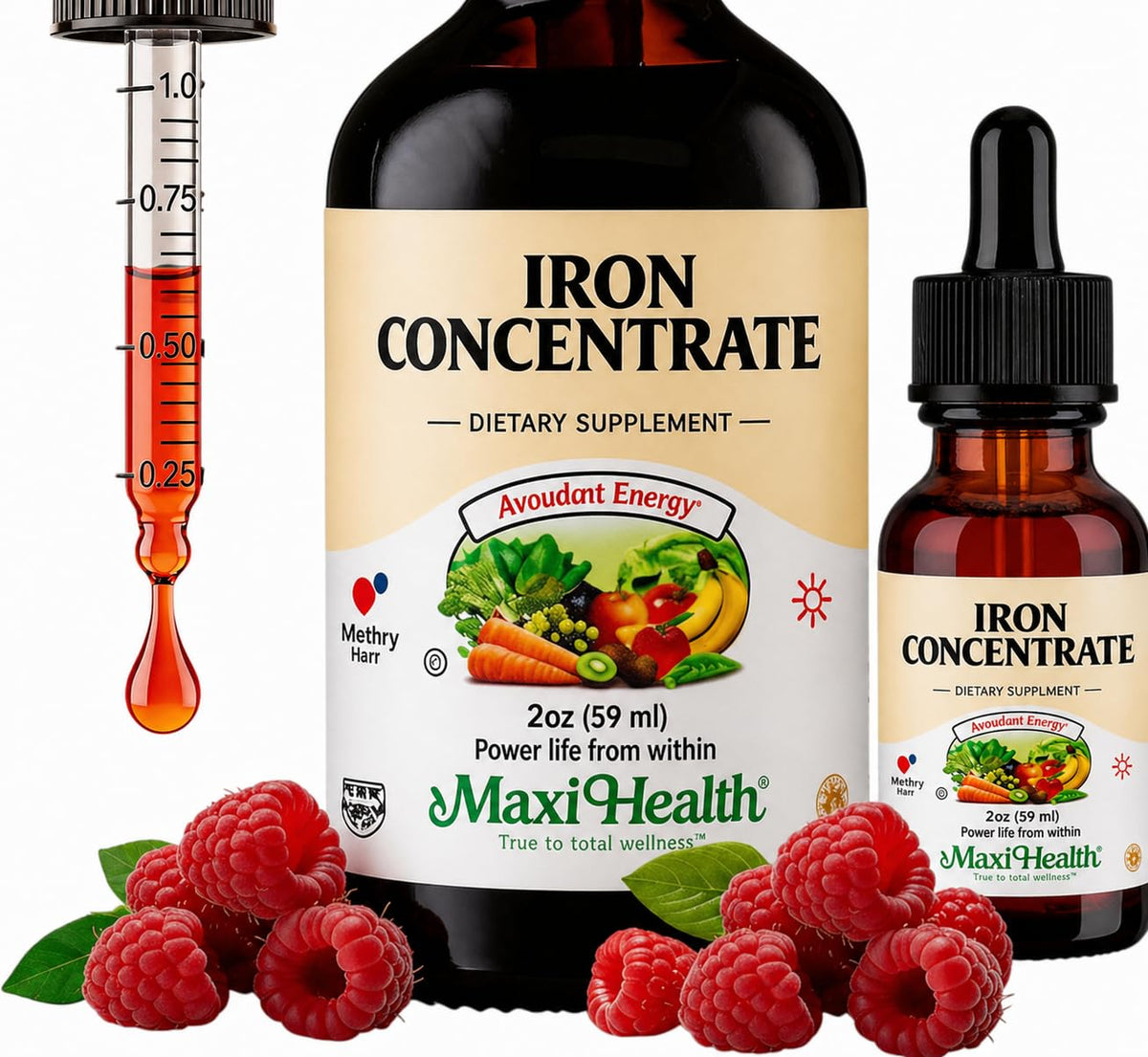Maxi Health Iron Supplement liquid bottle front view with berry flavour
