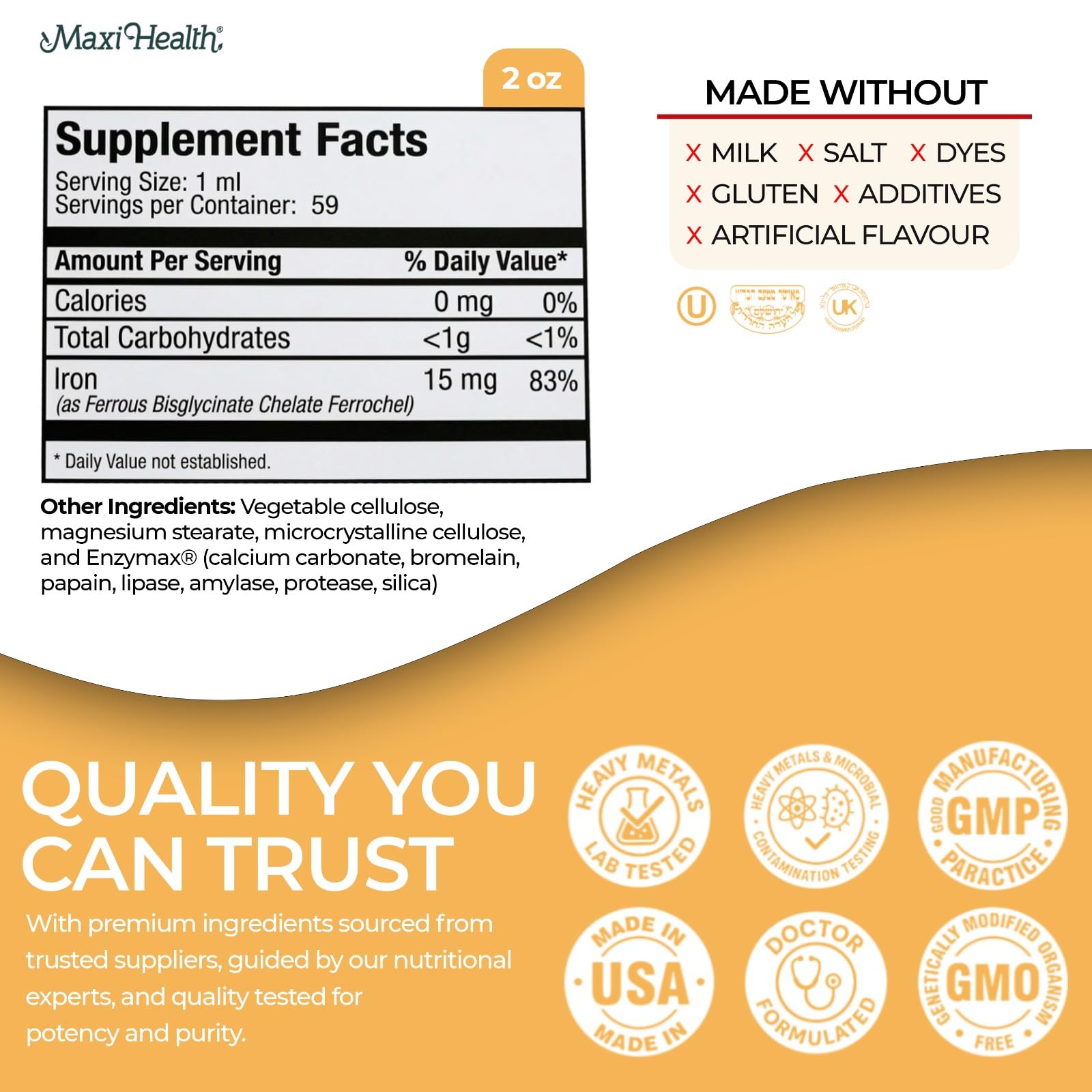 Maxi Health Iron Supplement packaging with ingredients list