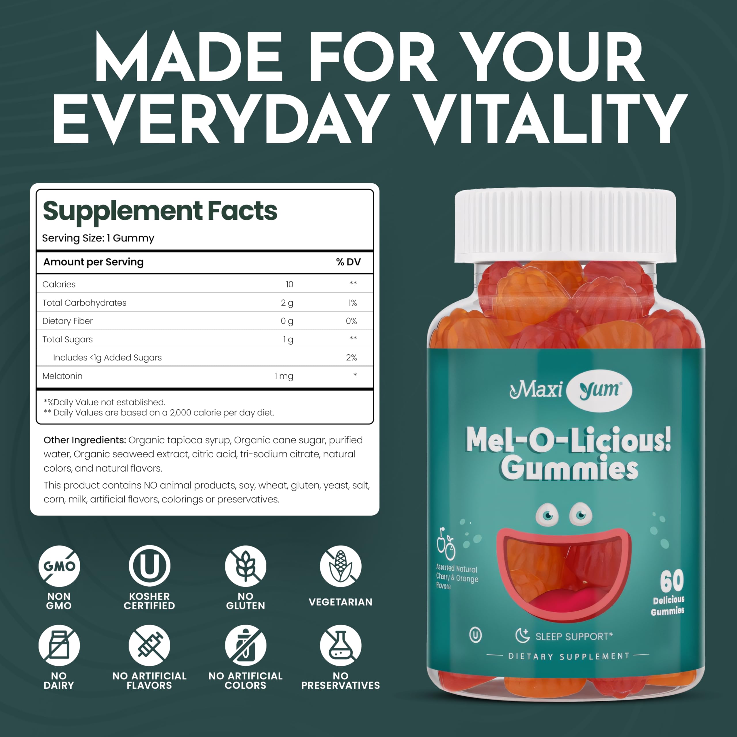 Maxi Health Kids Melatonin Gummies 1mg packaging with dosage information