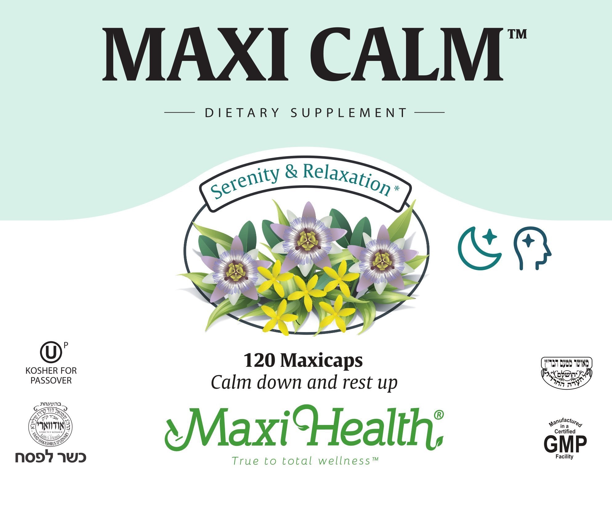 Maxi Health Maxi Calm 120 Capsules packaging on a wooden table