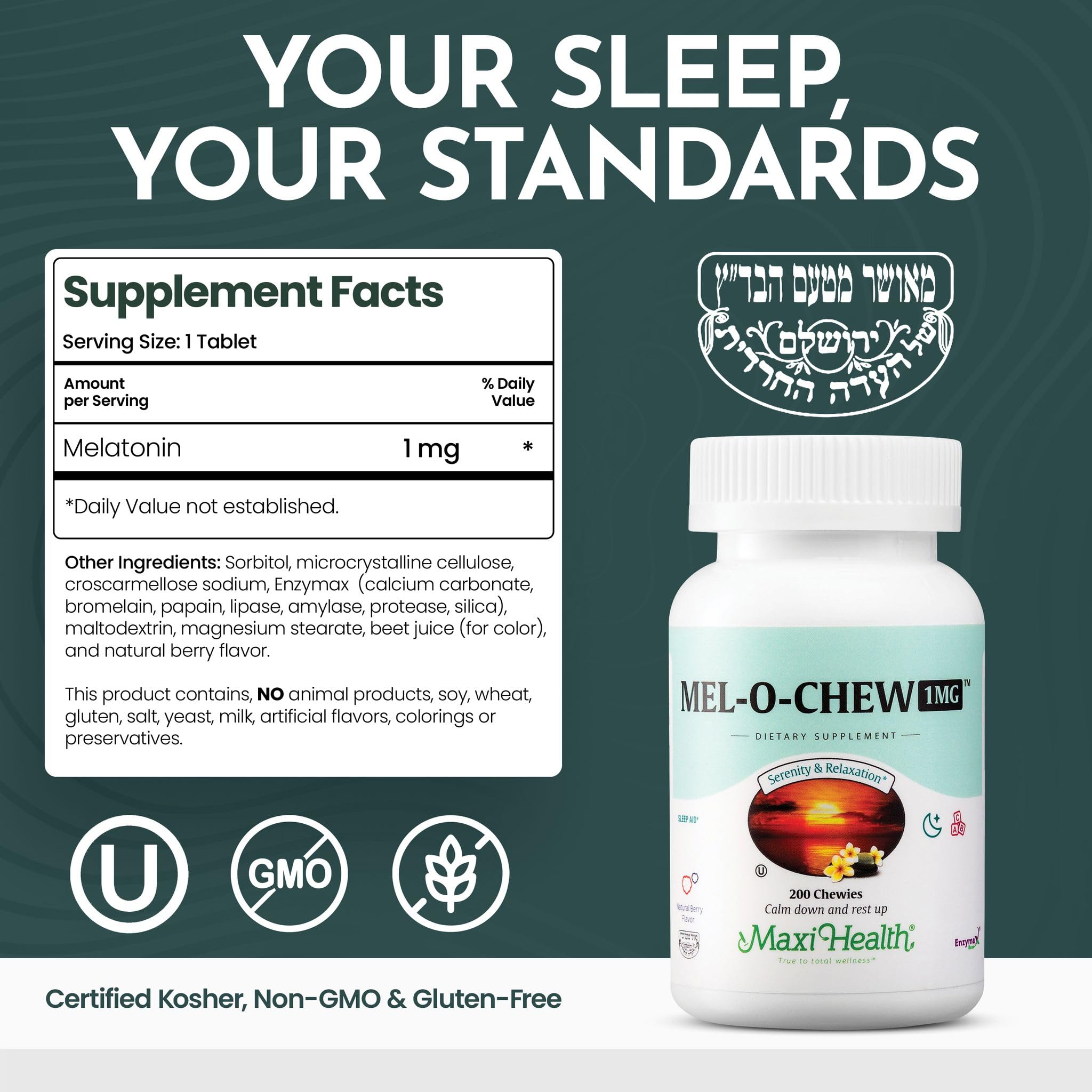 Maxi Health Mel-O-Chew 1mg Chewable Tablets open bottle with tablets inside