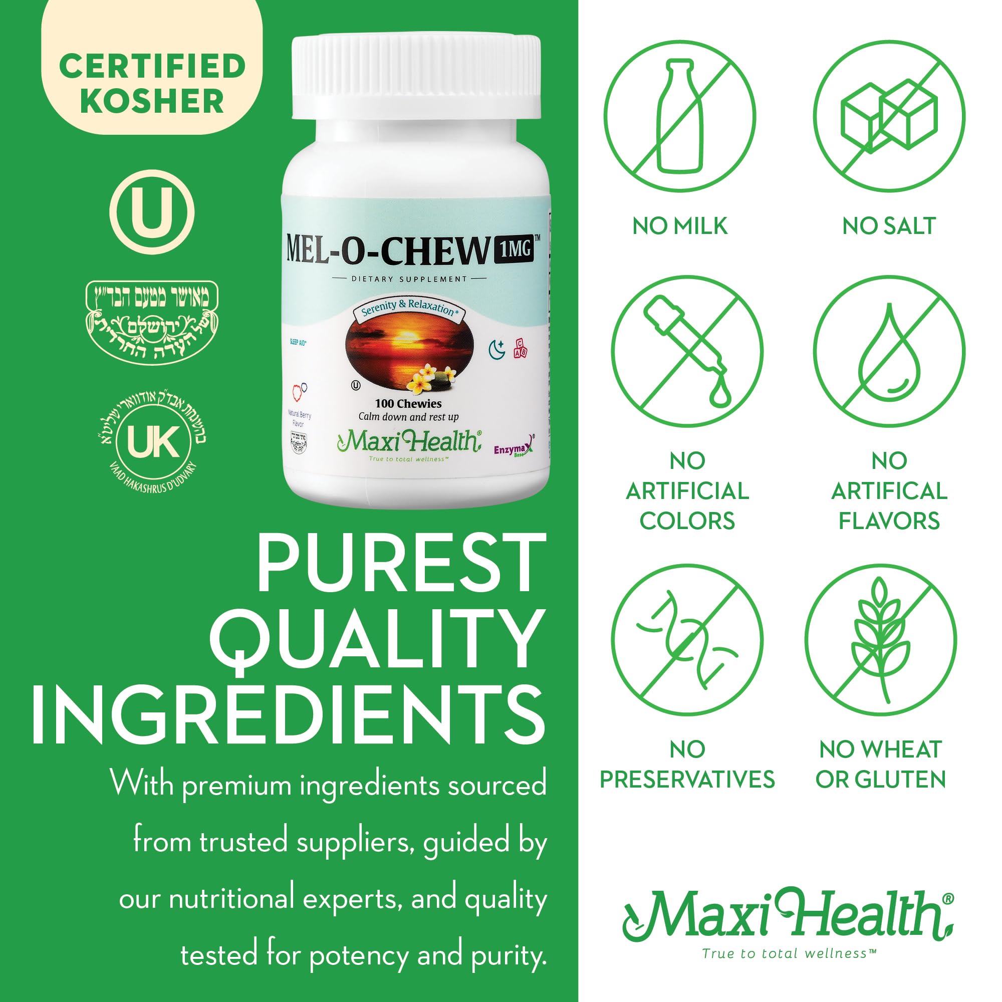 Maxi Health Mel-O-Chew tablets showing ingredients list